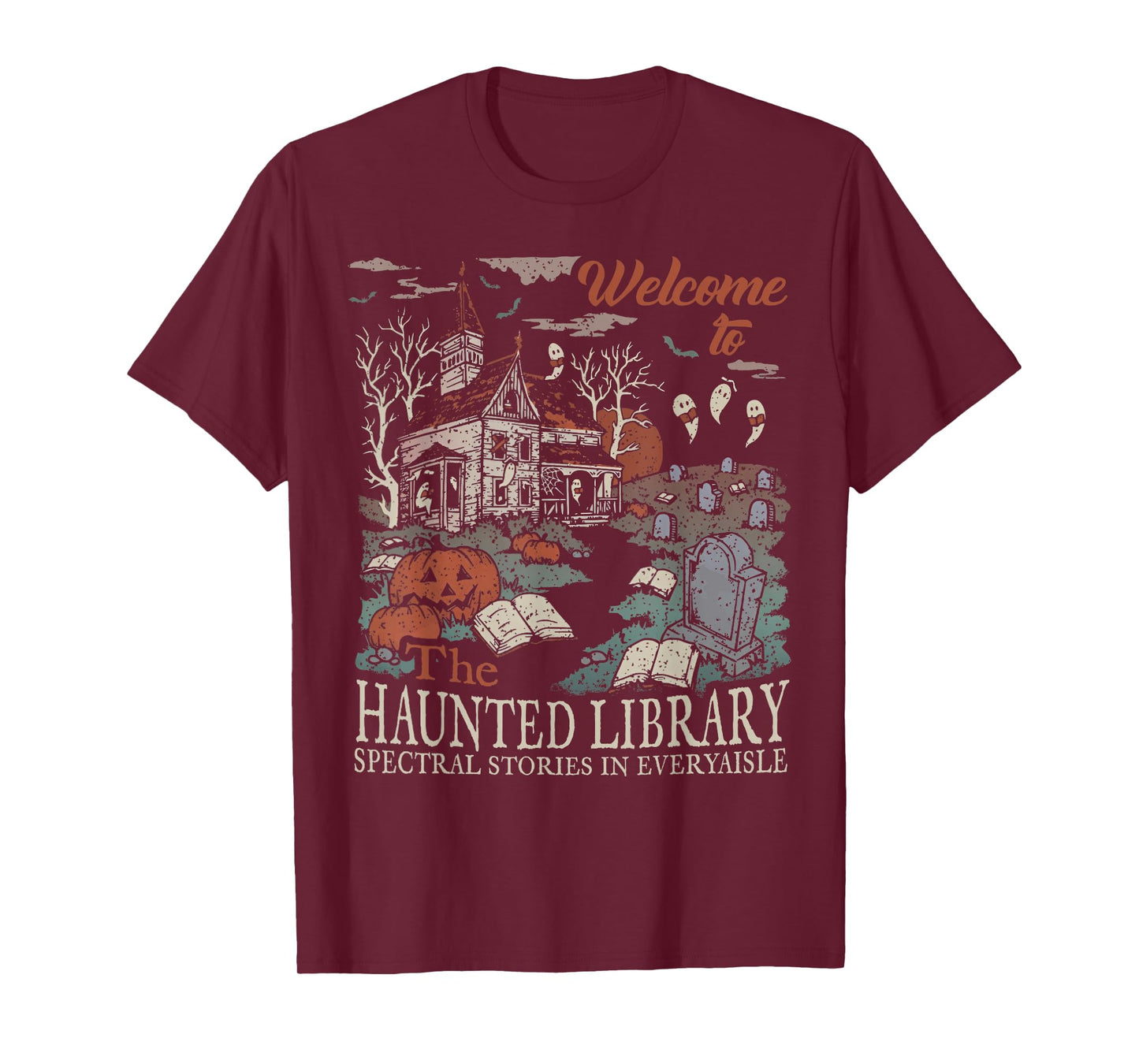 Retro Welcome To The Haunted Library Book Lovers Halloween T-Shirt
