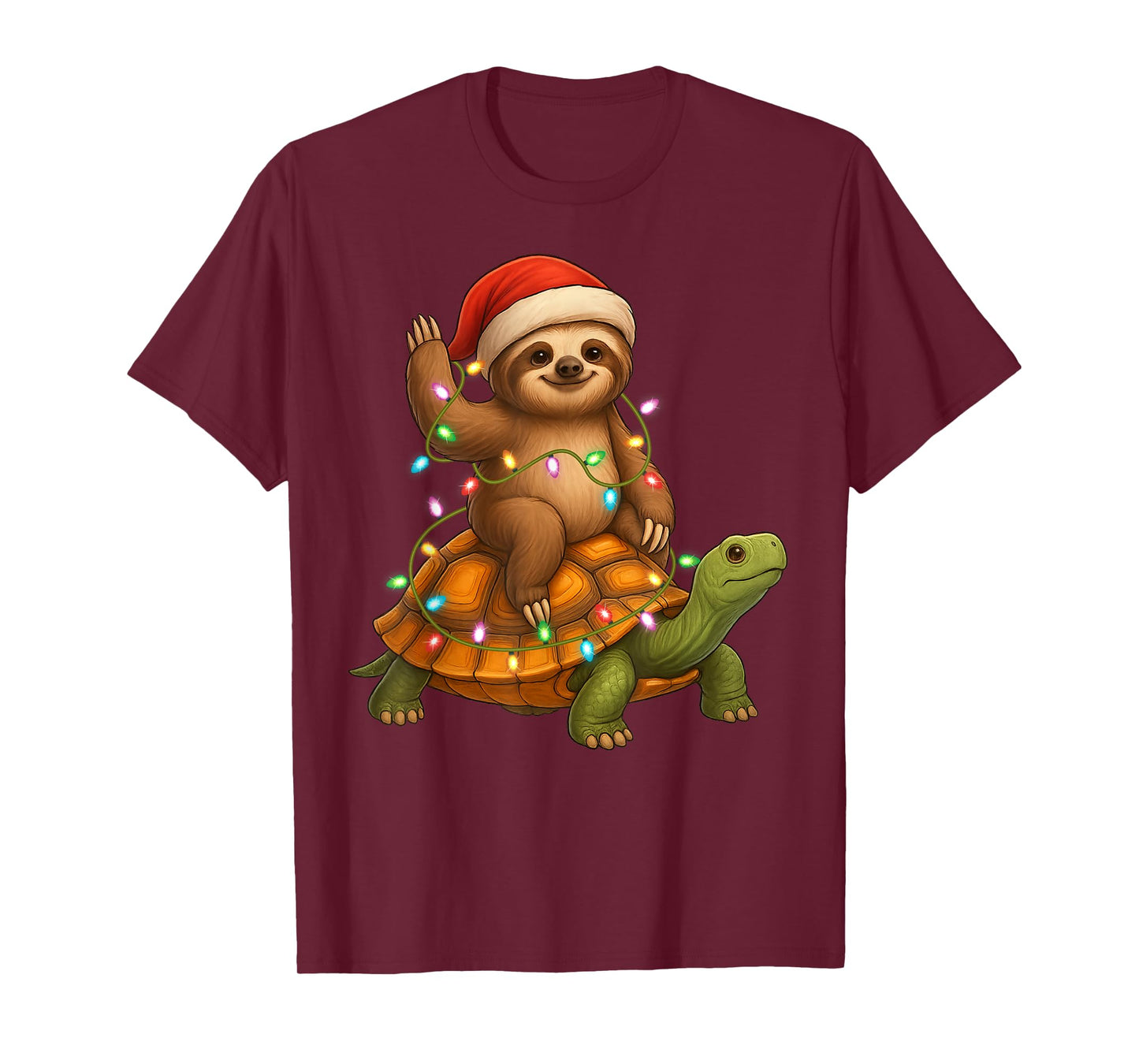 Sloth Riding Turtle Christmas Tees Snow Xmas Lights Pajamas T-Shirt