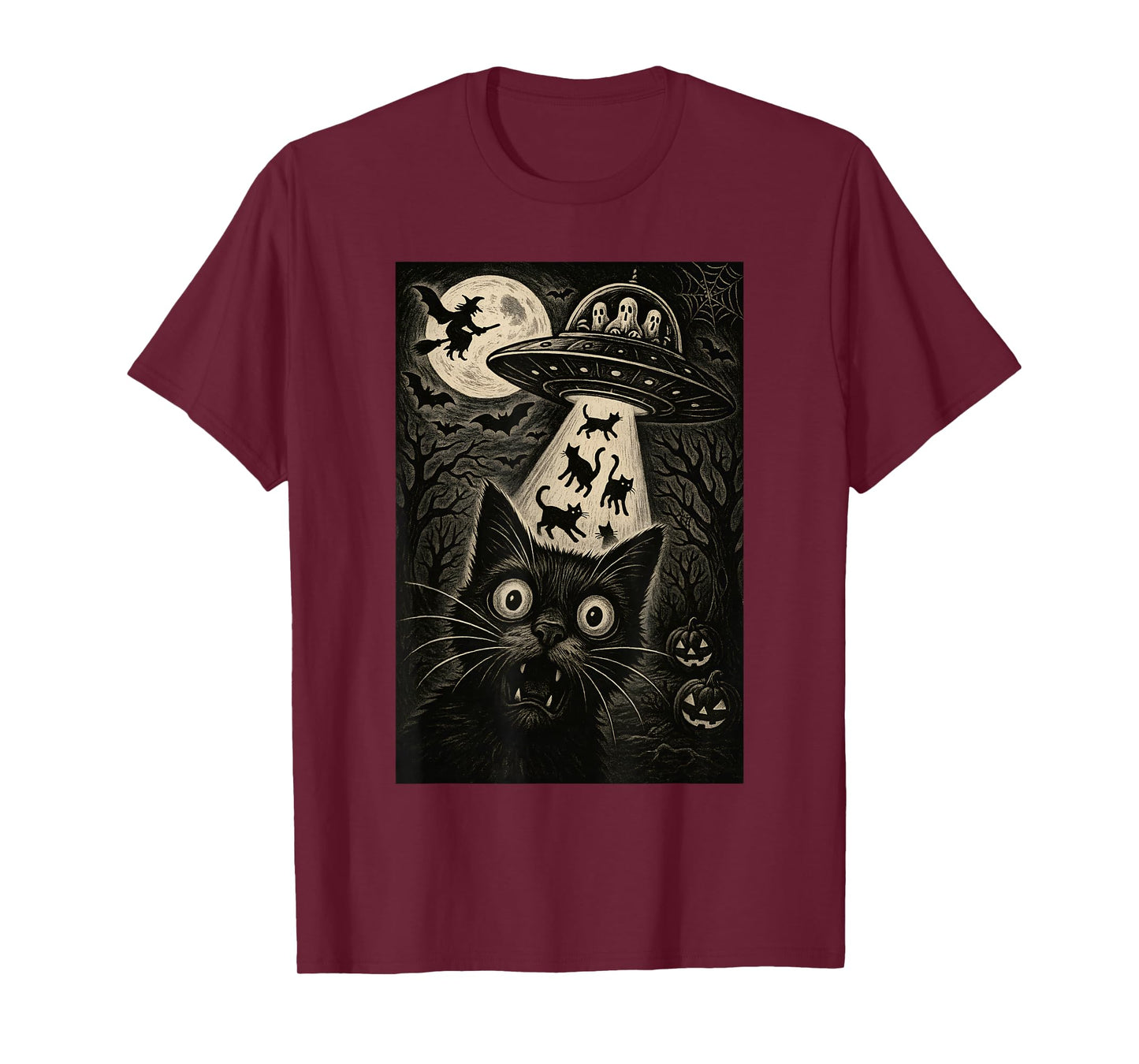 Halloween Cat Selfie Spooky Alien Abduction Cats UFO Flying T-Shirt