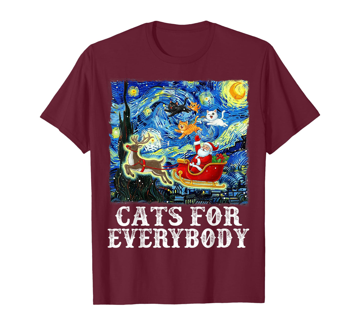 Santa Sleigh Christmas Cats for Everybody Starry Night Xmas T-Shirt
