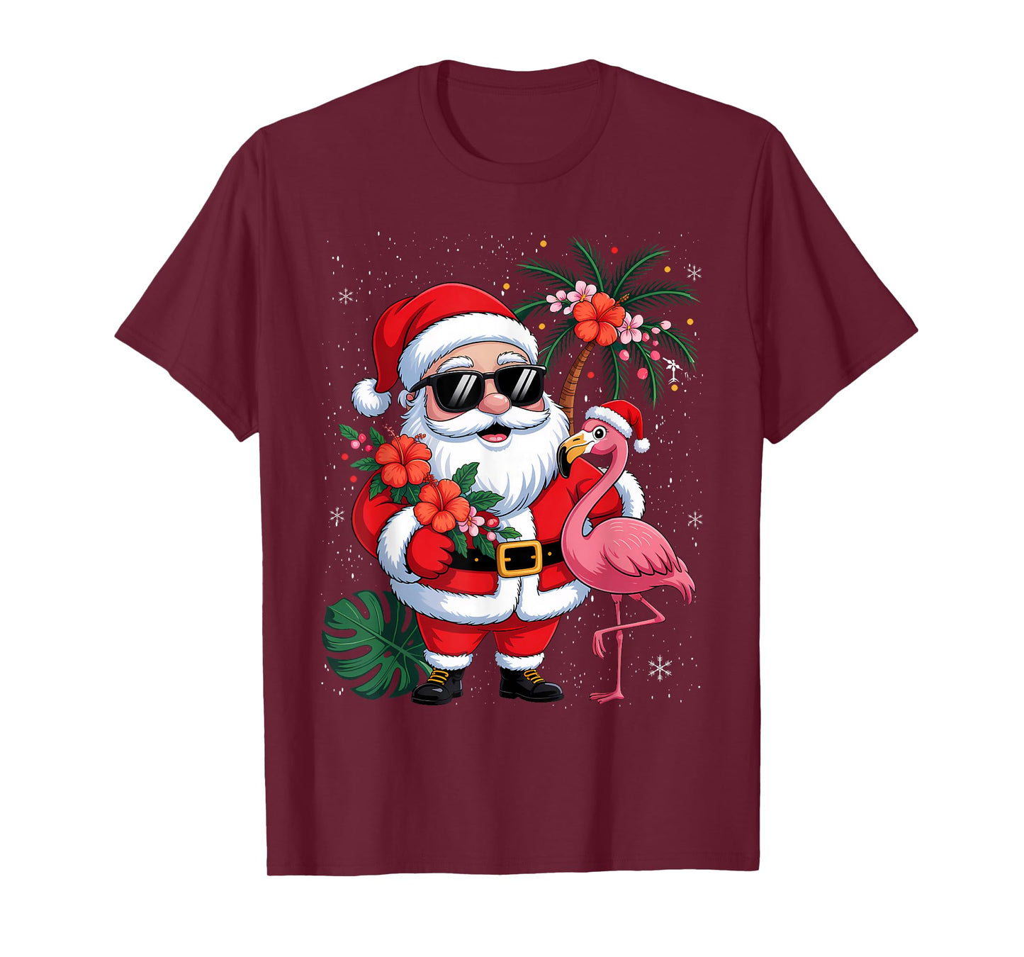 Santa Flamingo Palm Tree Funny Floral Retro Hawaii Christmas T-Shirt