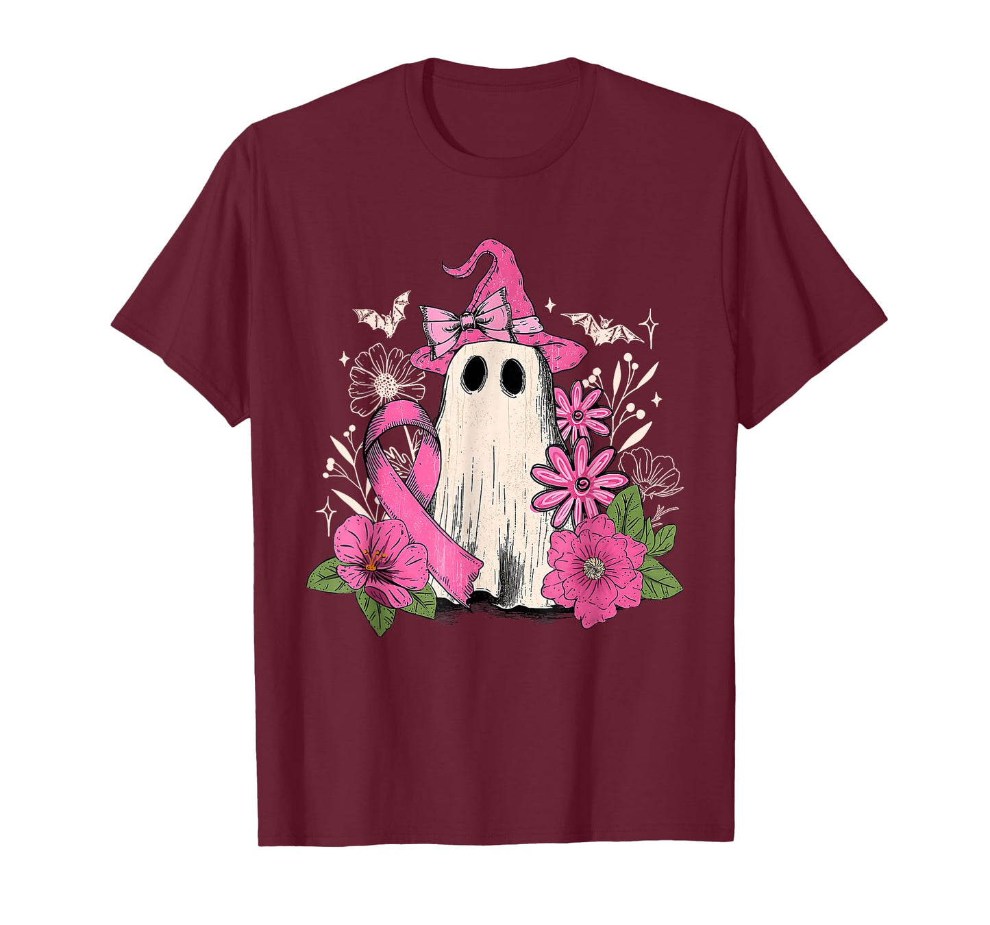 Pink Ribbon Floral Ghost Witch Breast Cancer Awareness T-Shirt