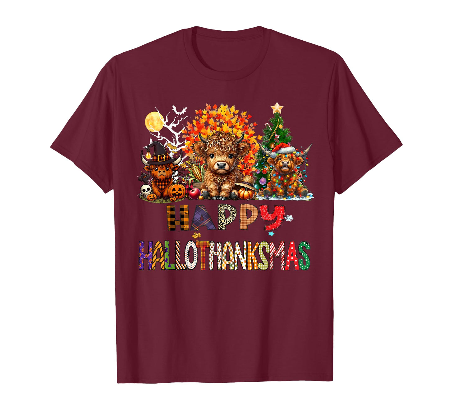 Happy Halloween Thanksgiving Christmas Highland Cow Holiday T-Shirt