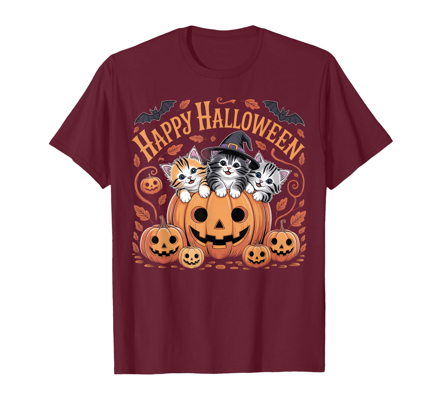 Happy Halloween Cats in Pumpkin with Witch Hat Design T-Shirt