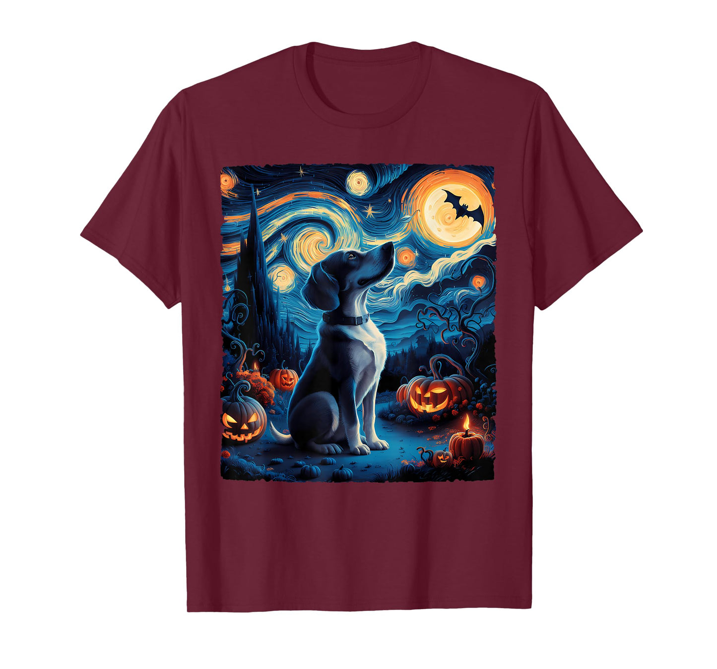 Van Gogh' Starry Night Dog Pumpkins Bats Funny Halloween Tee T-Shirt for Men Women Kids