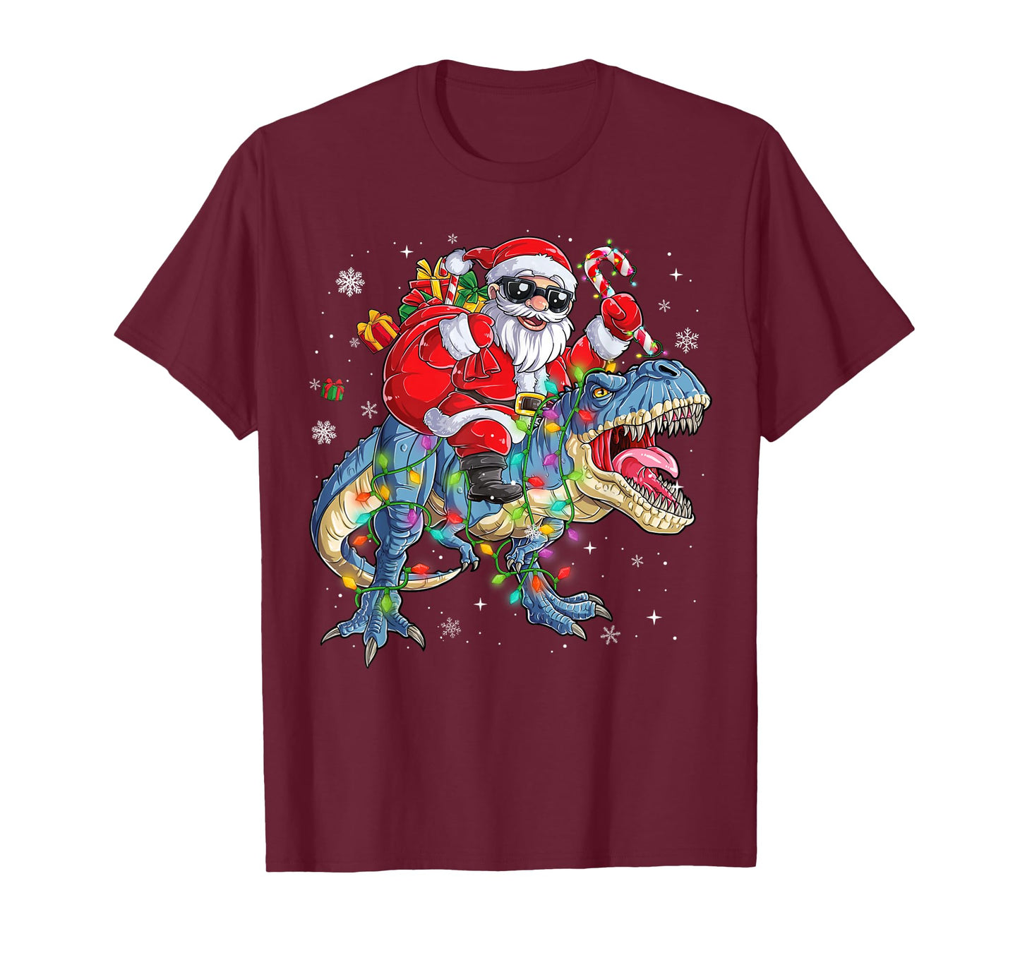 Christmas Santa Riding Dinosaur Funny Xmas Lights T-Shirt