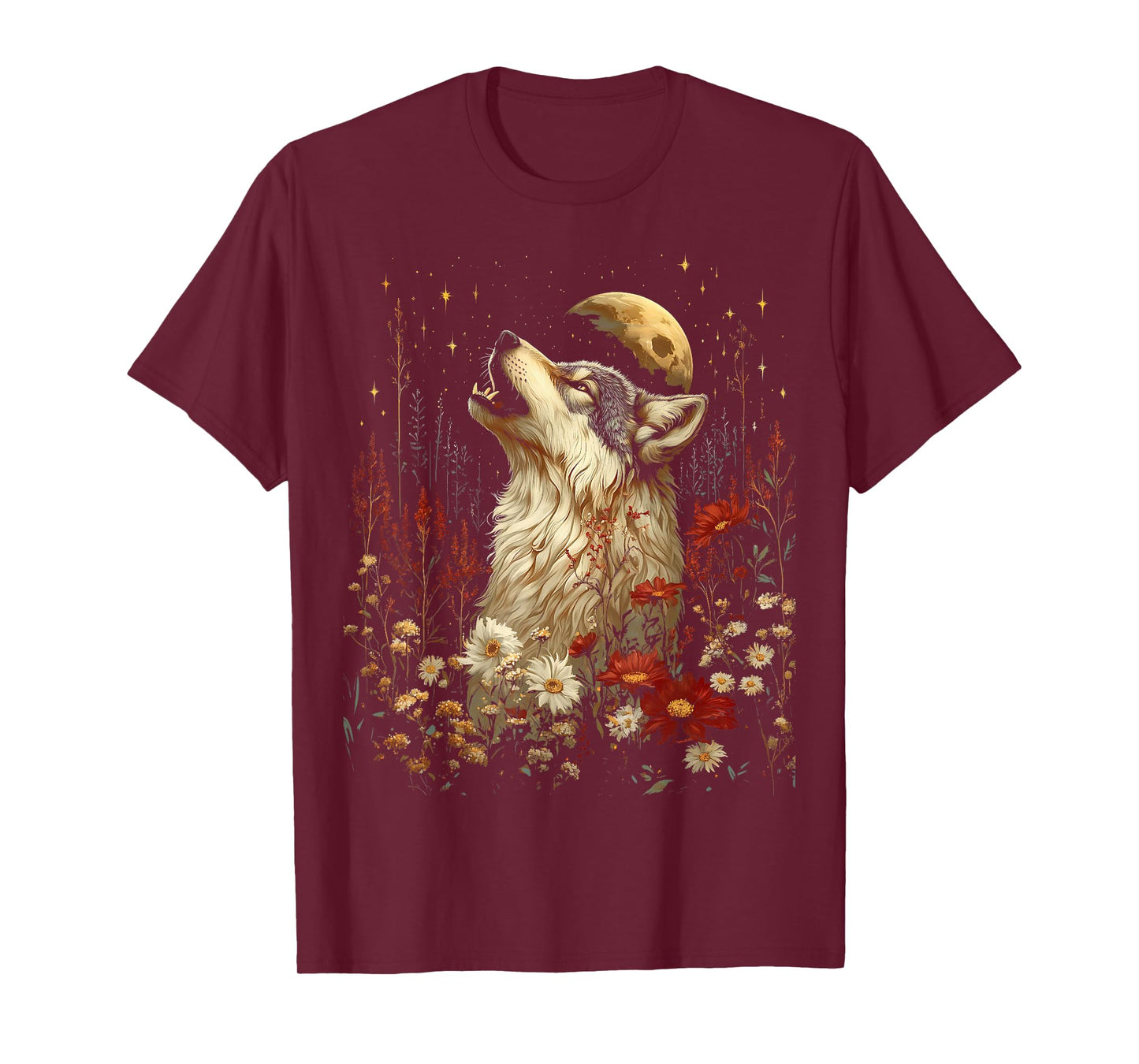 Boho Wolf Howling at the Moon Floral Mystical Graphic Women T-Shirt