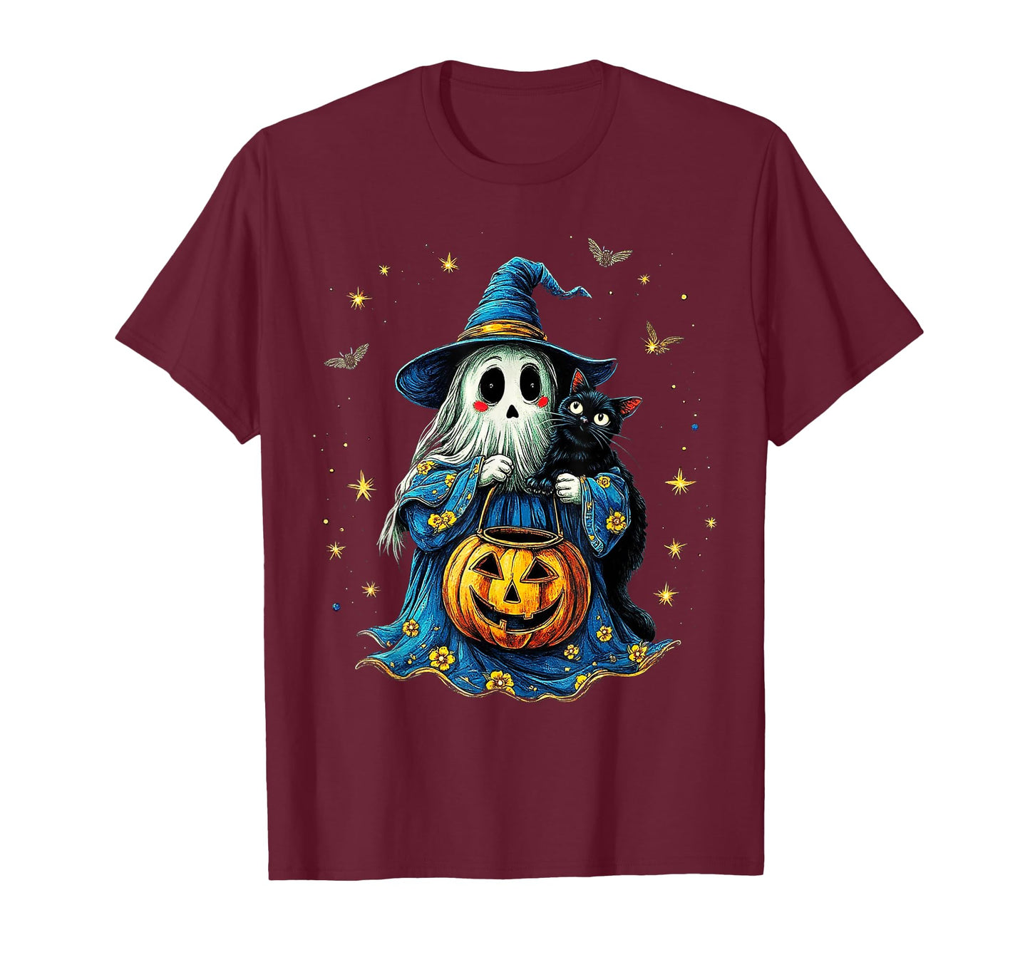 Ghost Holding Black Cat Lover Halloween 2025 Groovy Floral T-Shirt