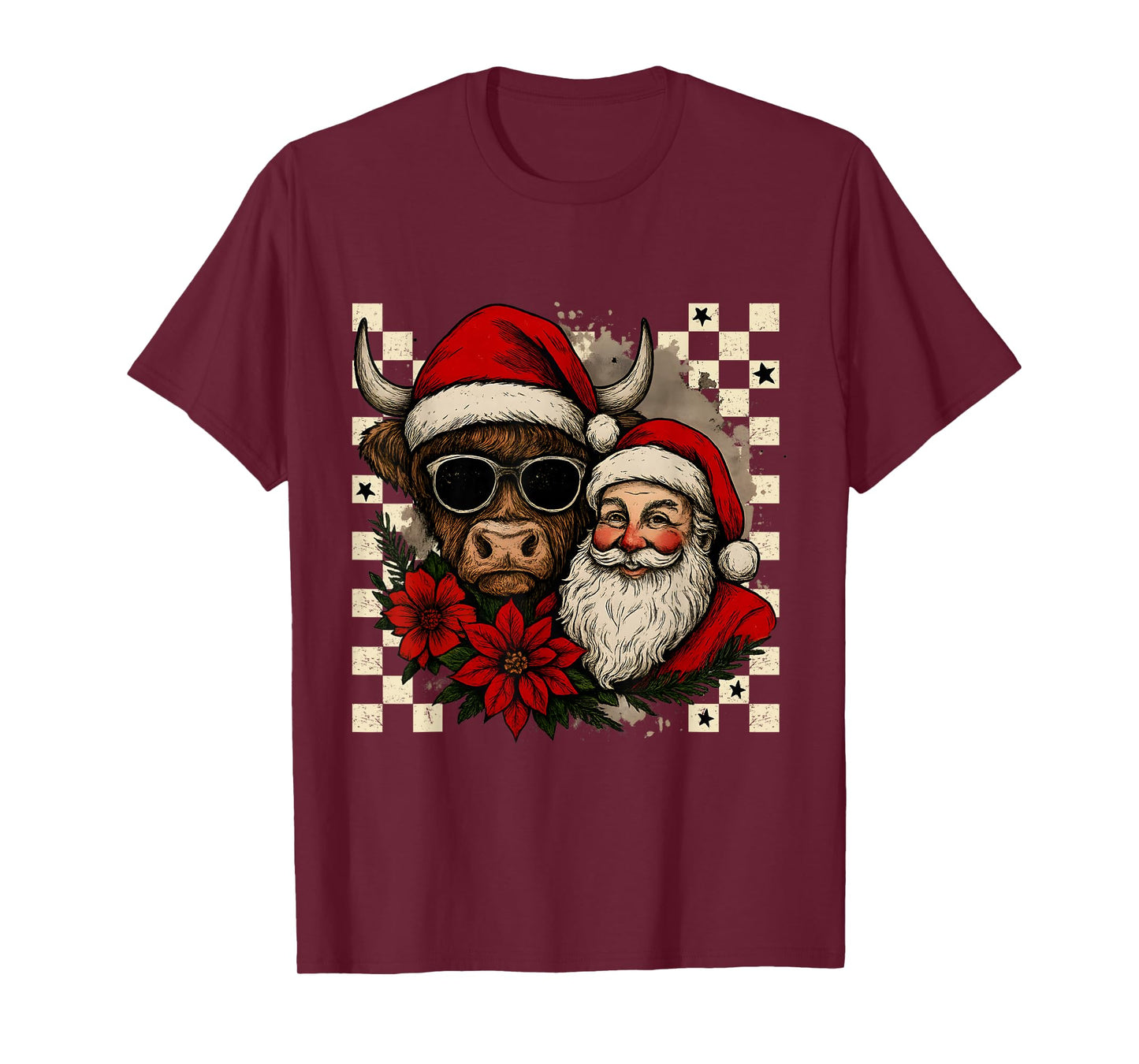 Highland Cow Christmas Checkered Retro Vintage T-Shirt