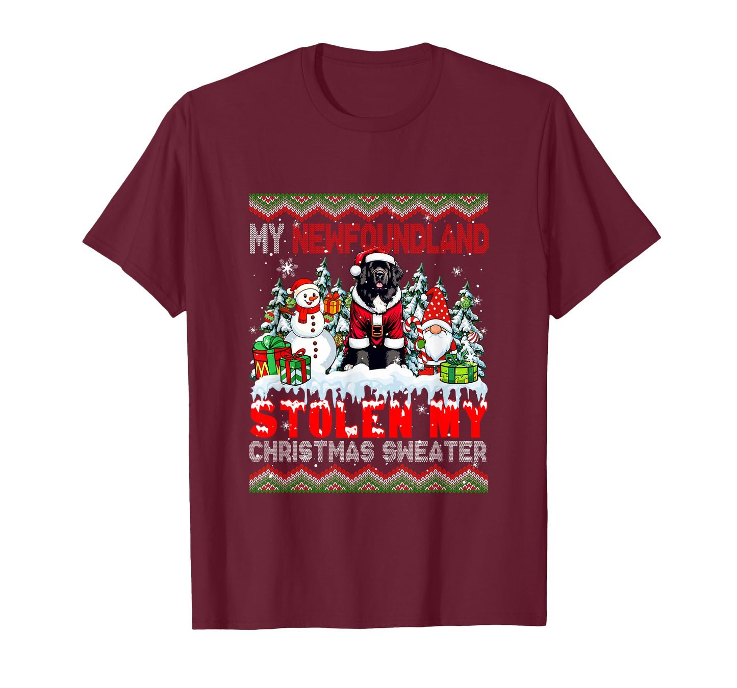My Newfoundland Stolen My Christmas Sweater Santa Dog Gnome T-Shirt