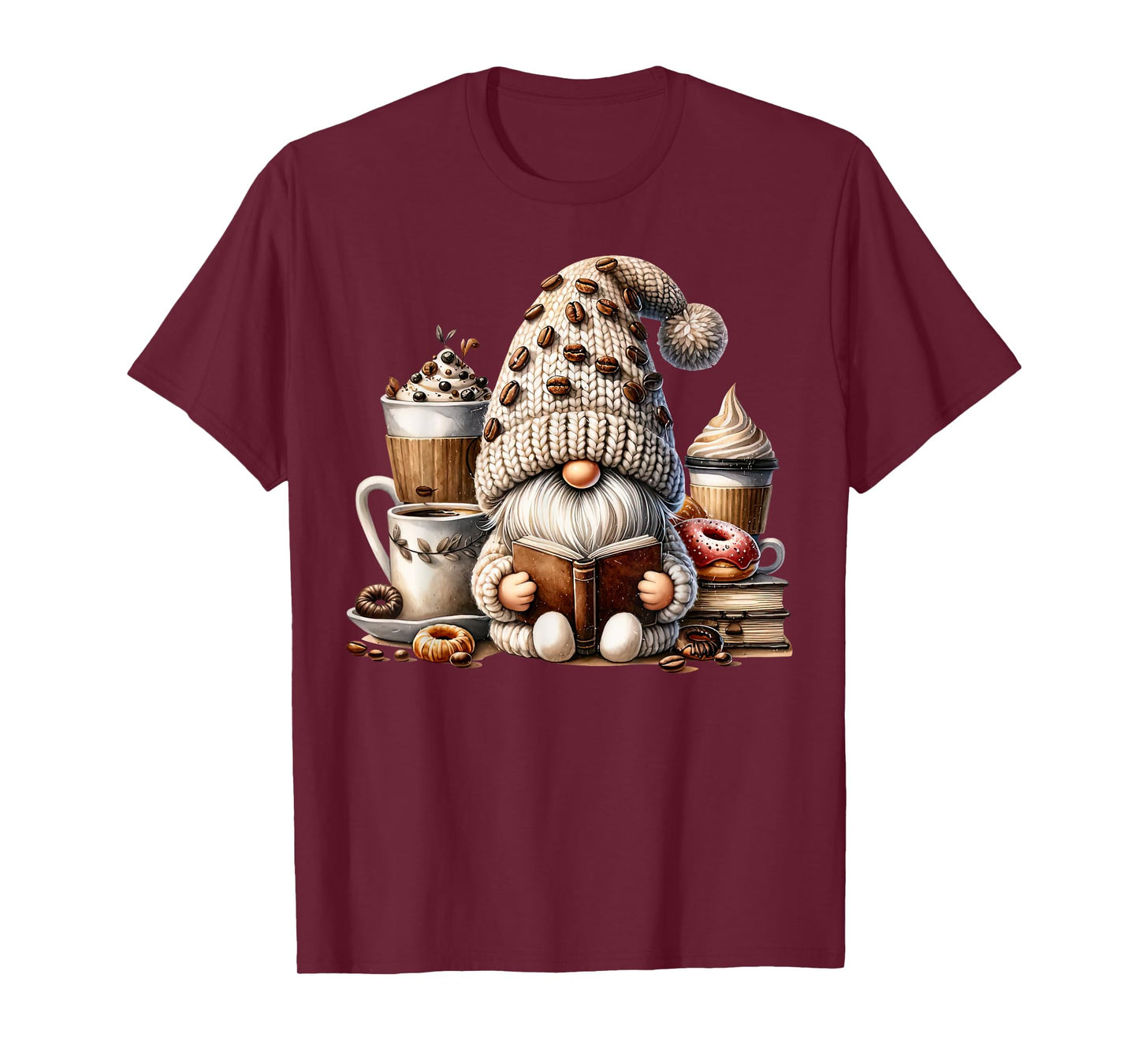 Vintage Cute Gnome Reading Book Coffee Latte Men Women Kids T-Shirt