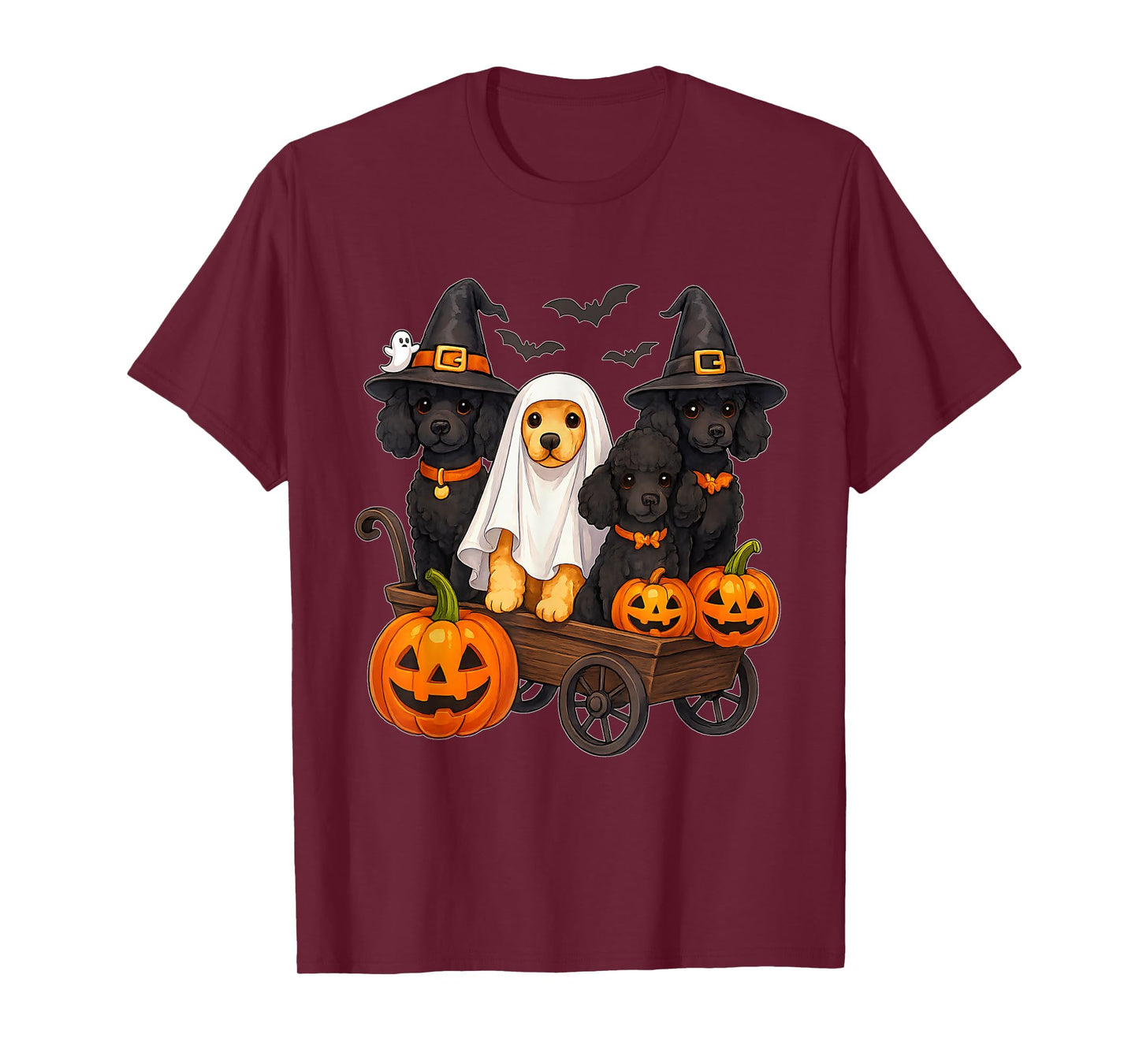 Halloween Poodle Dogs Ghost Witch Pumpkins Wooden Wagon Cute T-Shirt