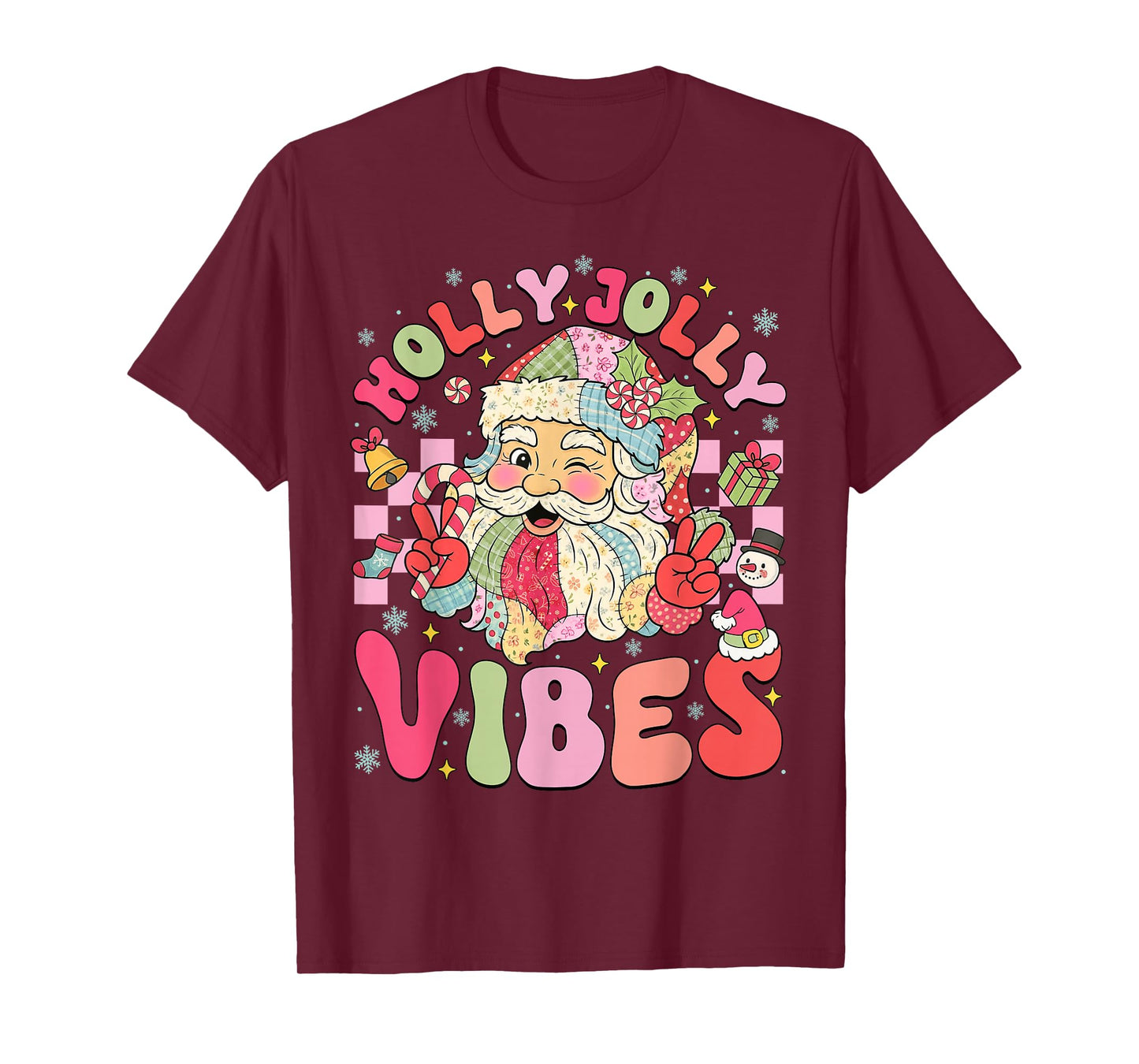 Patchwork Cute Santa Claus Christmas Vibes Xmas Women Girls T-Shirt