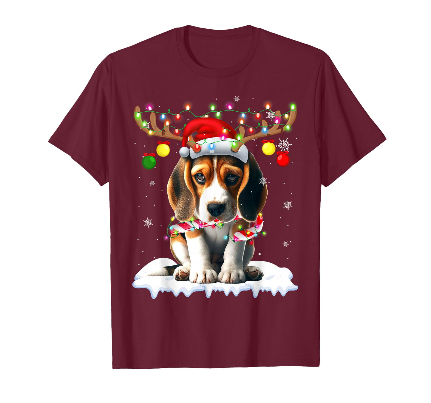 Santa Beagle Christmas Lights Funny Reindeer Dog Xmas Tree T-Shirt