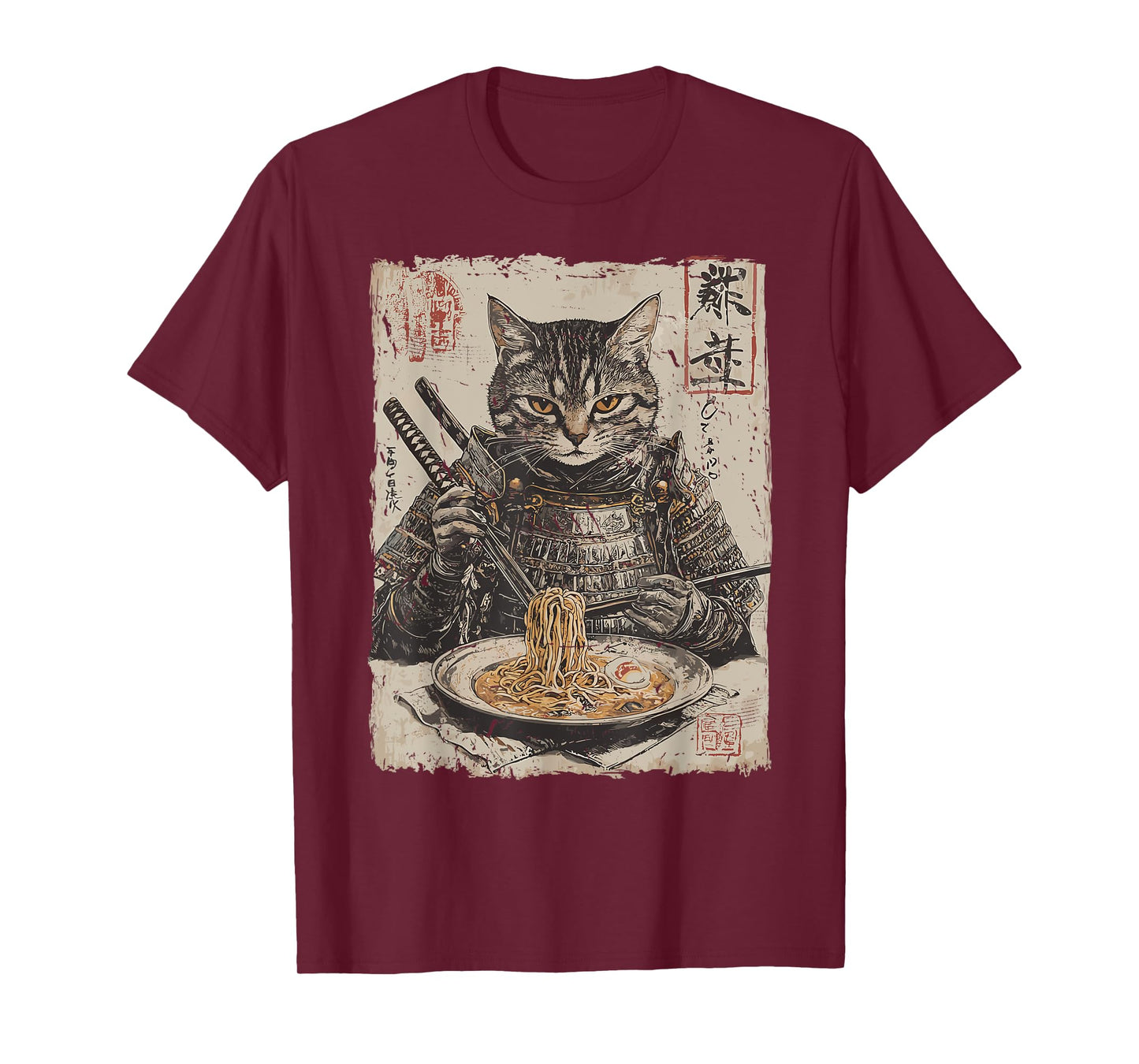 Samurai Cat Loves Ramen Funny Anime Japanese Artwork Samurai T-Shirt