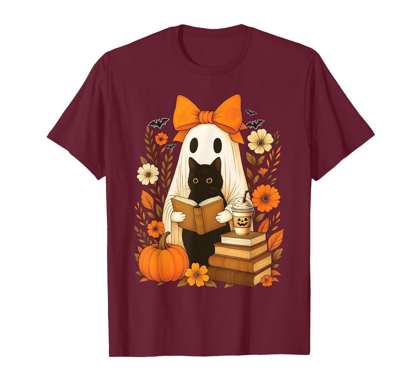 Groovy Floral Vintage Halloween Ghost Reading Book Cat Lover T-Shirt