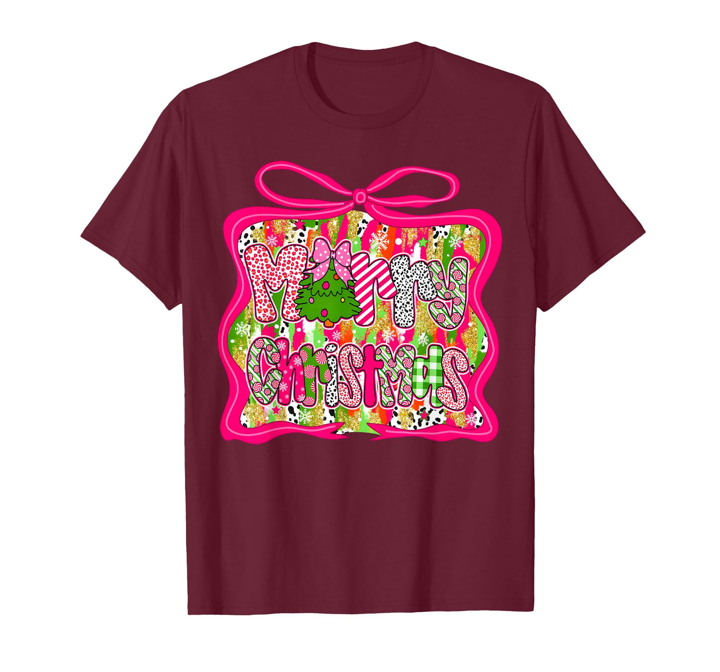 Coquette Pink Bow Merry Christmas Tree Xmas Pajamas Holiday T-Shirt
