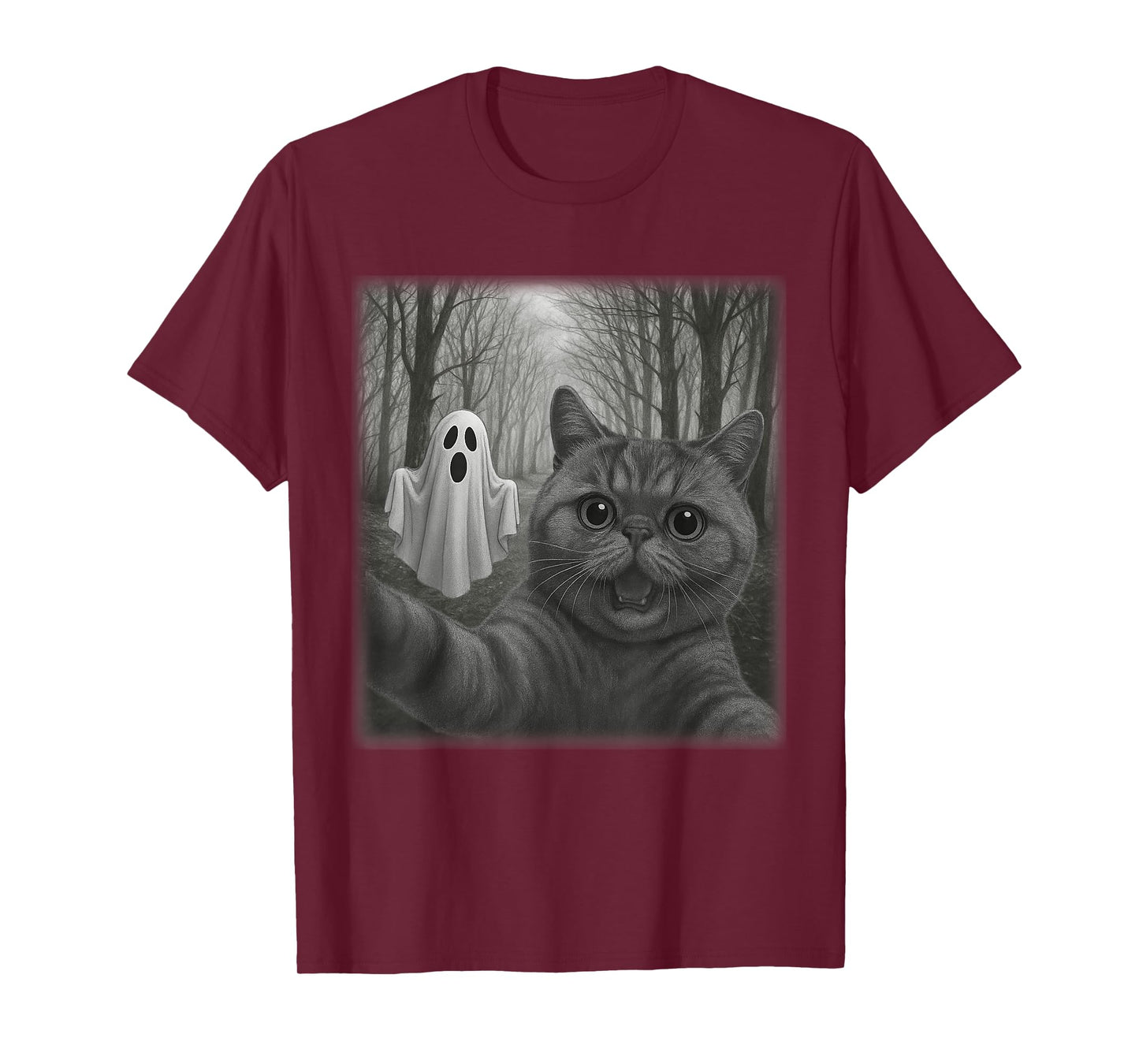 Funny Halloween Scottish Fold Cat Selfie with Spooky Ghost T-Shirt