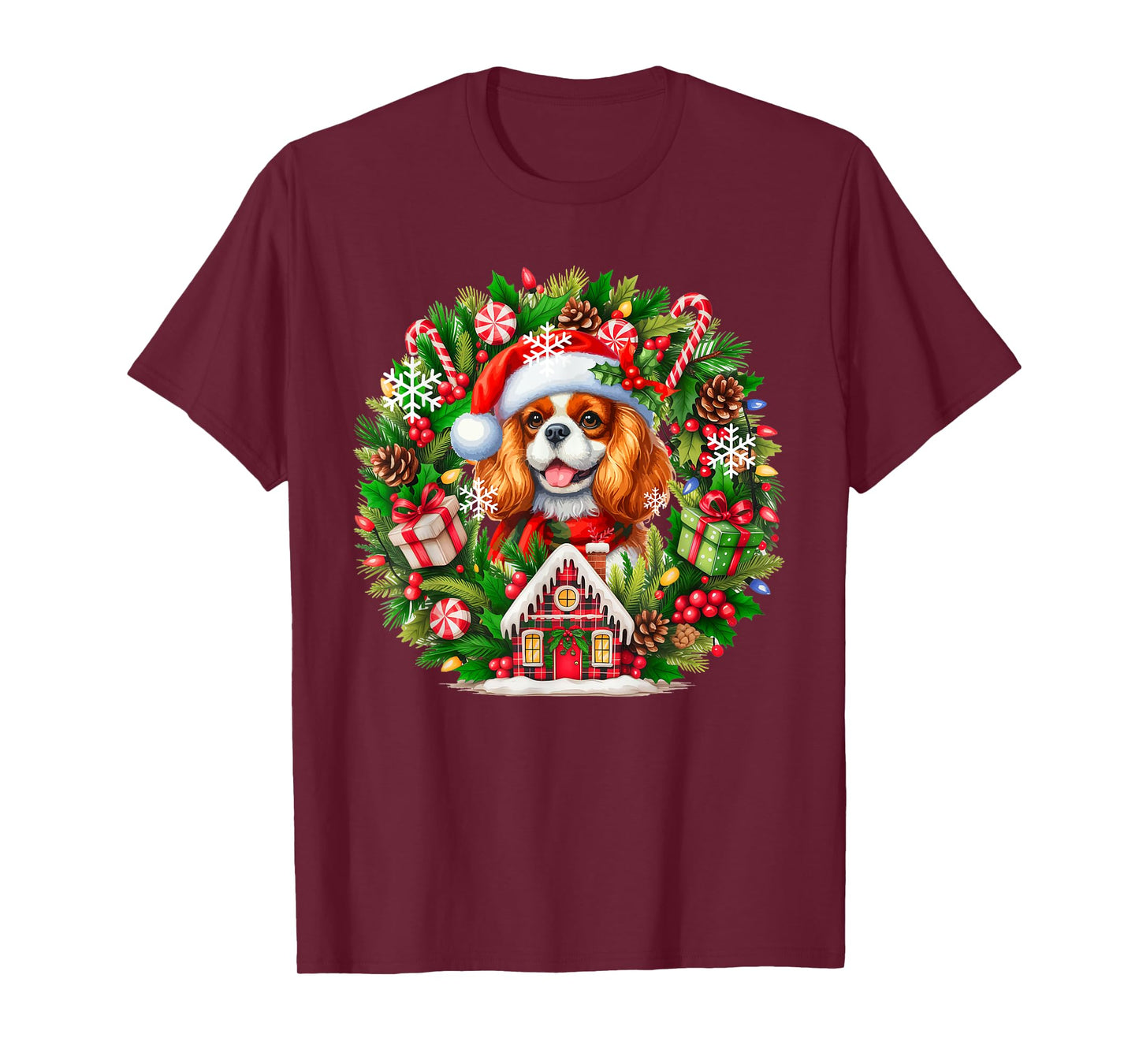 Santa Cavalier King Charles Spaniel Christmas Floral Circle T-Shirt