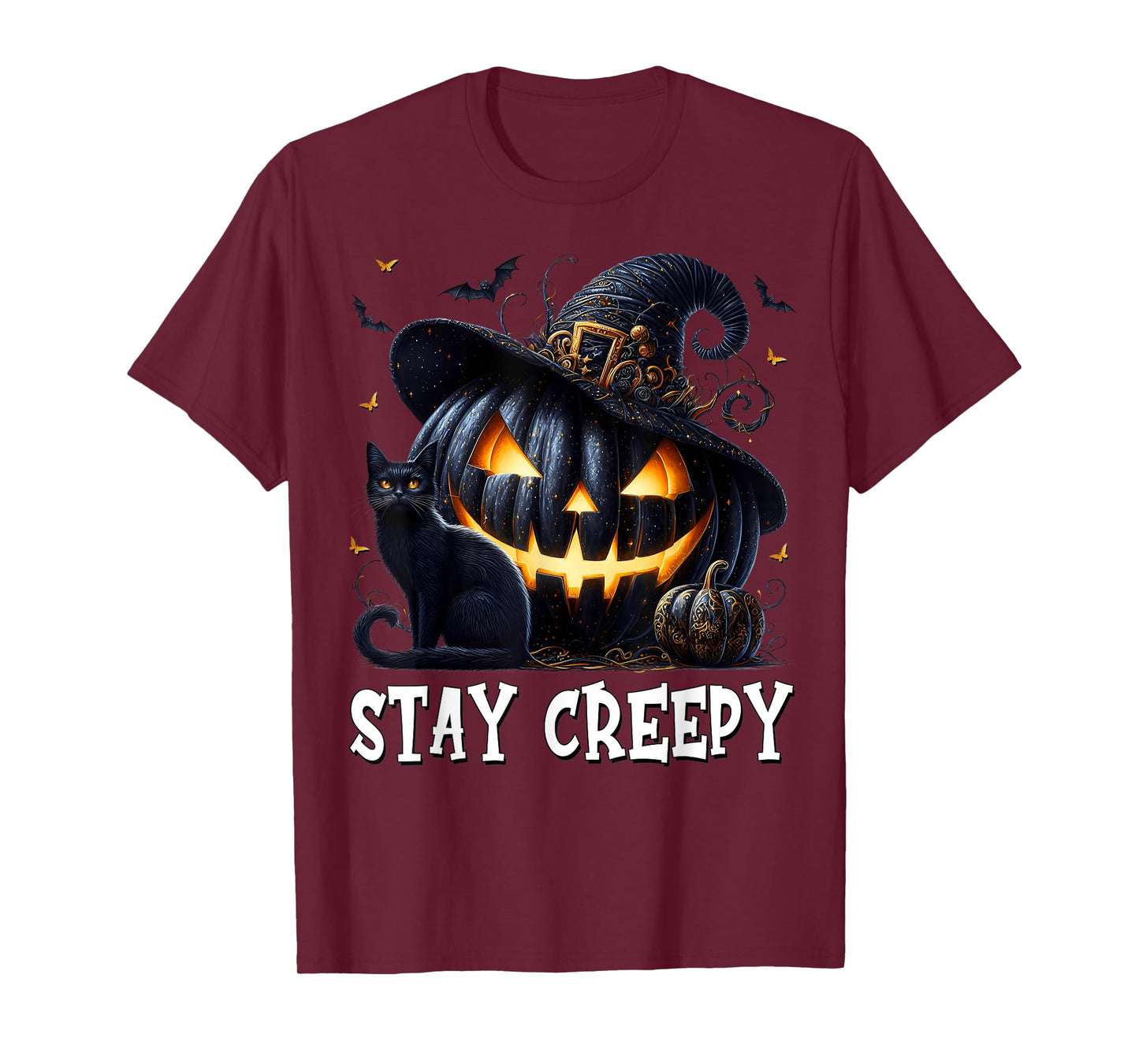 Stay Creepy Halloween Cat Lover Pumpkin Graphic for Goth Mom T-Shirt