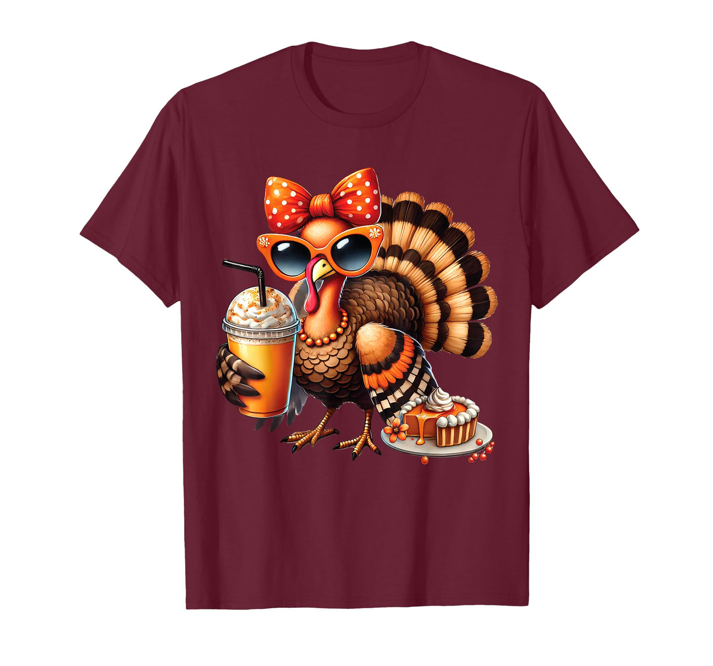 Turkey Drinking Coffee Bow Thanksgiving Womens Turkey Day T-Shirt