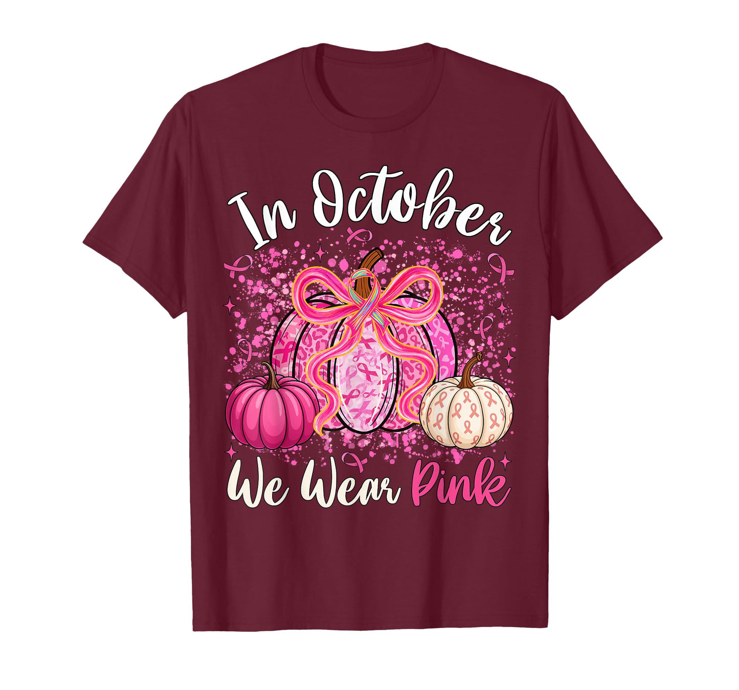 in October We Wear Pink Pumpkin Coquette Bow Breast Cancer T-Shirt