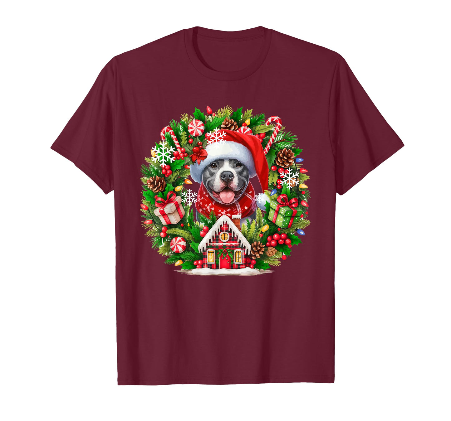 Santa Pit Bull Christmas Floral Circle Matching Owner Kids T-Shirt