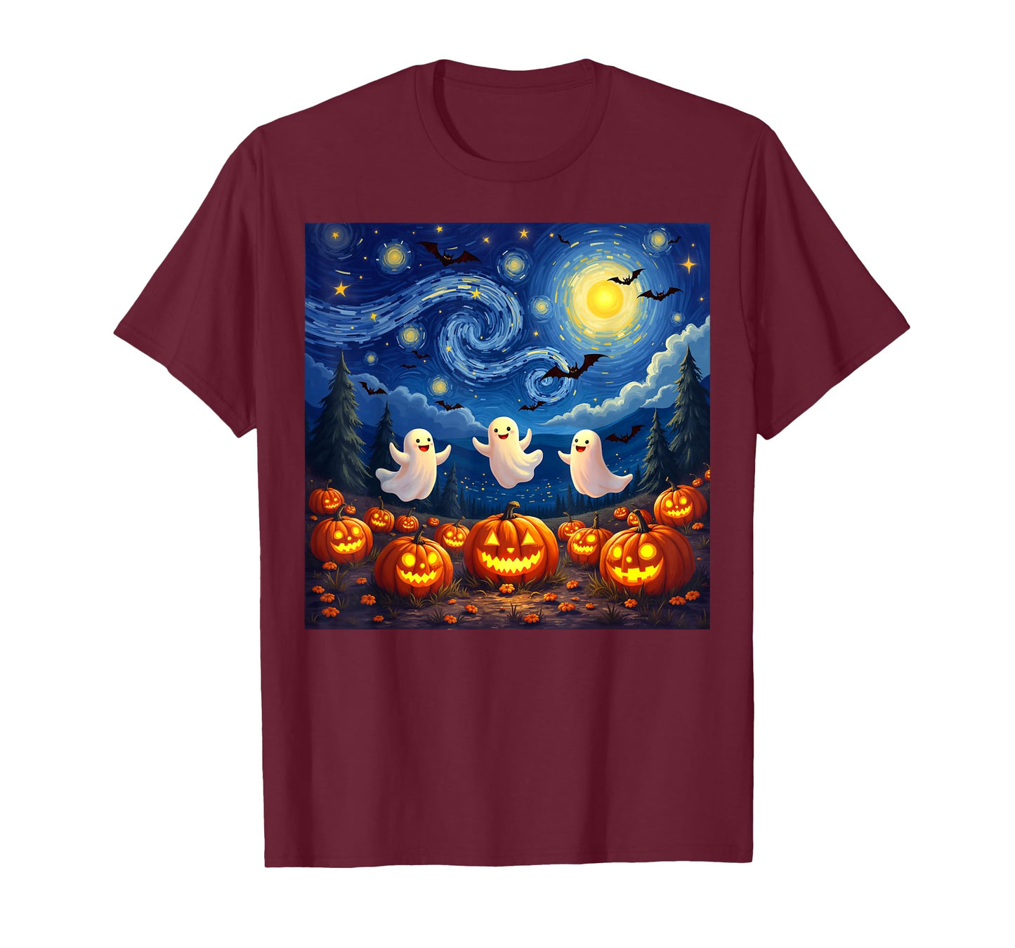 boo ghost halloween pumpkin Starry Night Van Gogh men women T-Shirt