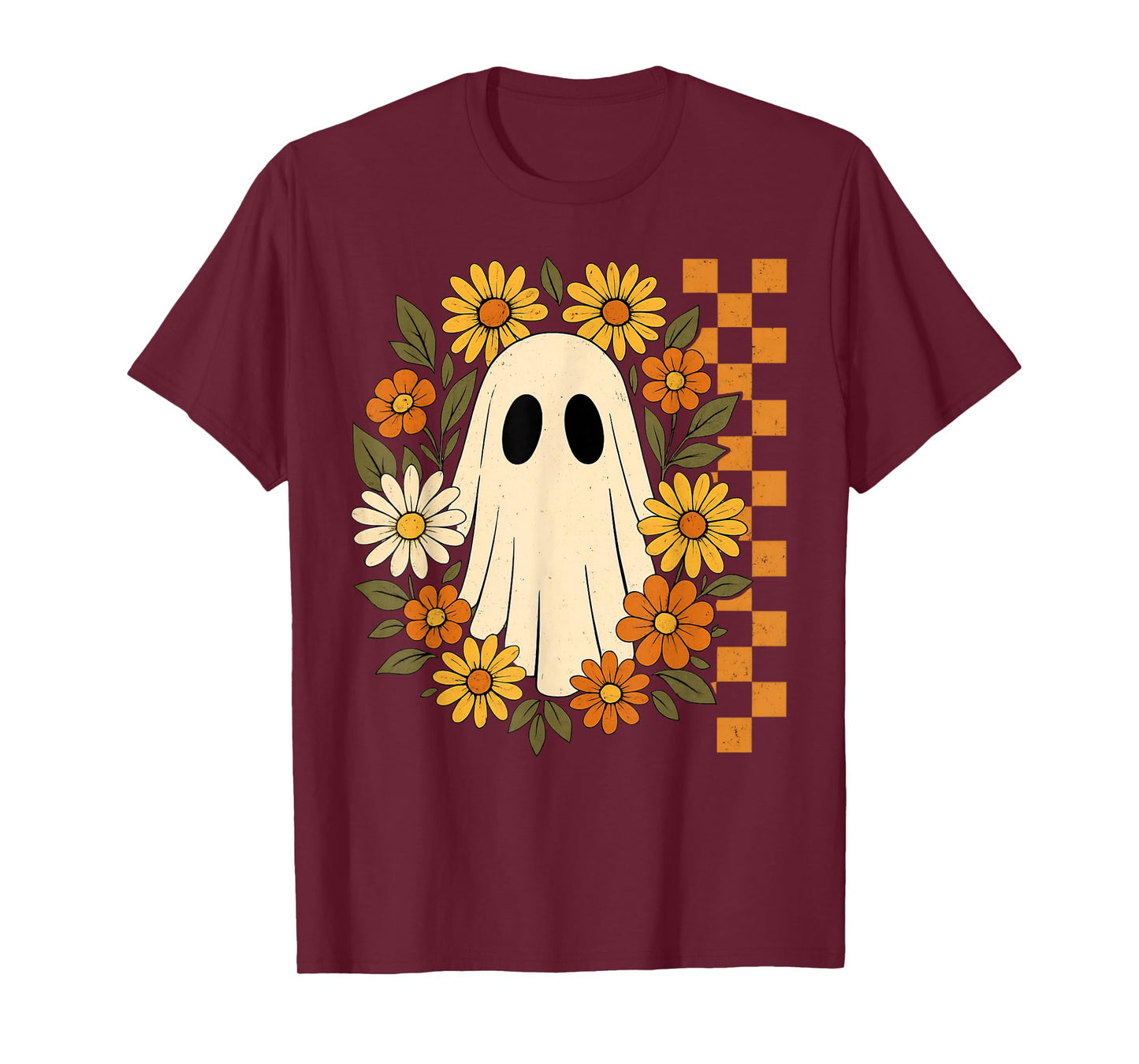 Retro Floral Ghost Checkered Autumn Halloween Women Kids T-Shirt