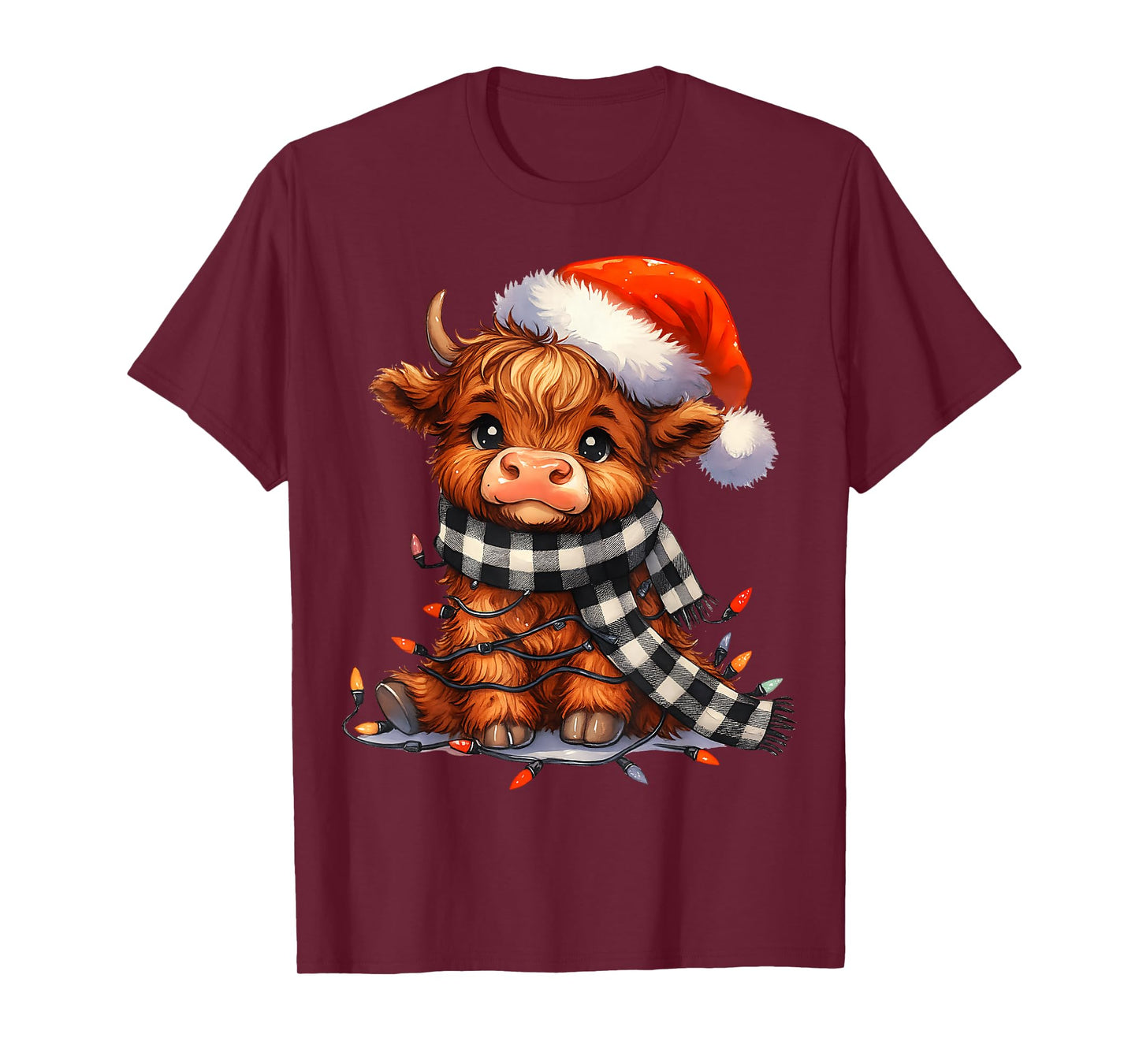 Cute Christmas Highland Cow Santa Hat Lights T-Shirt
