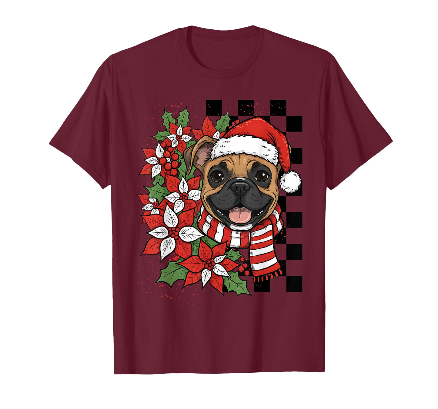 Boxer Dog Christmas Dog Santa Checkerboard T-Shirt