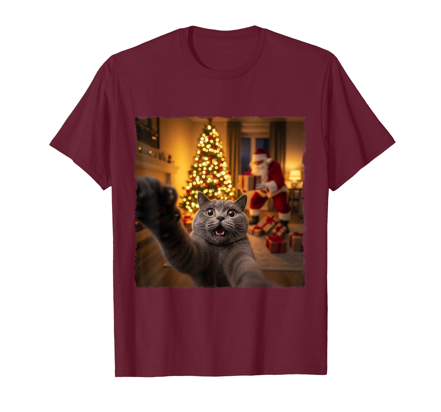 Funny Grey Cat Selfie with Santa Claus Gifts Christmas Night T-Shirt