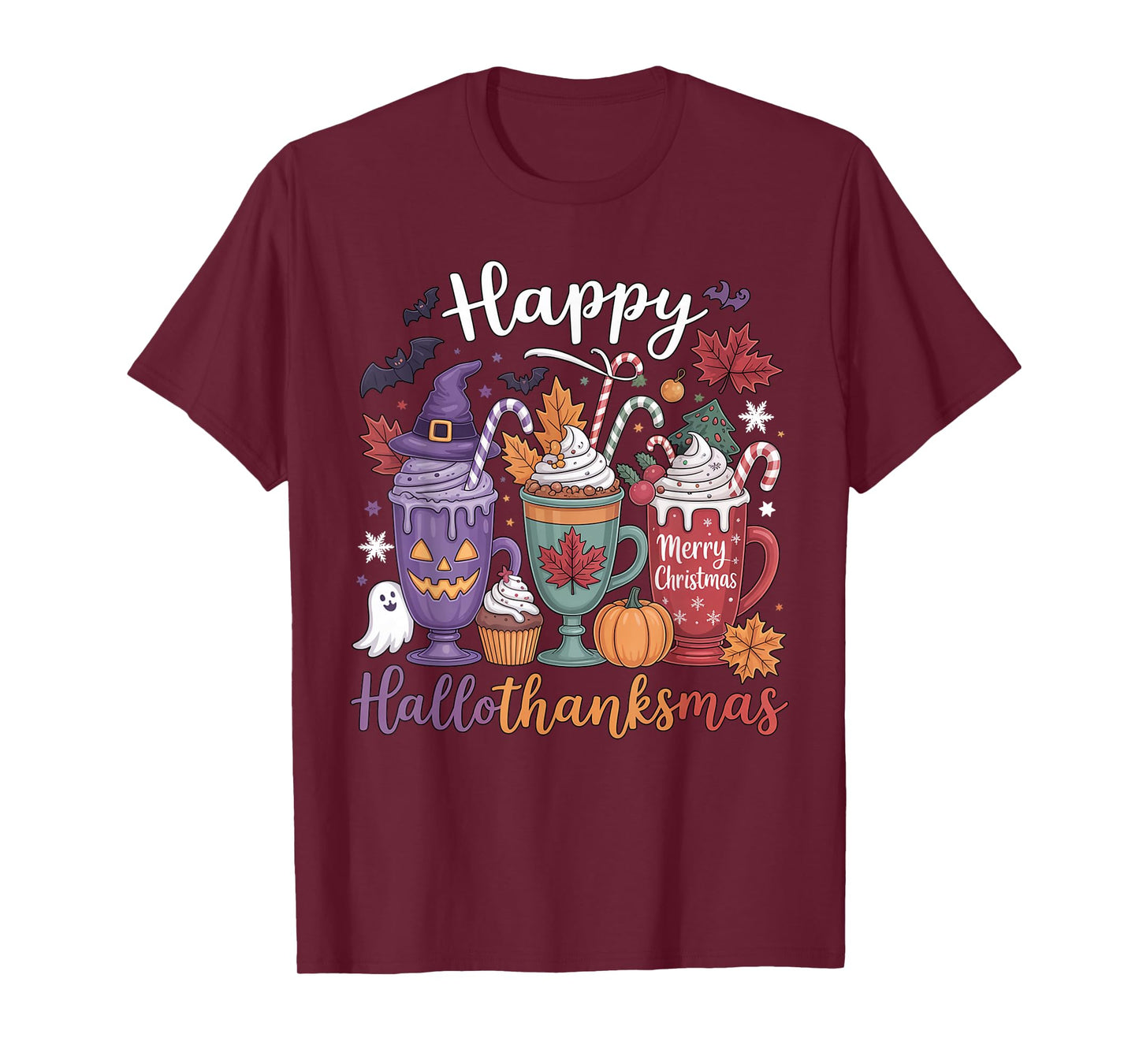 Happy Hallothanksmas Coffee Lover Halloween Merry Christmas T-Shirt