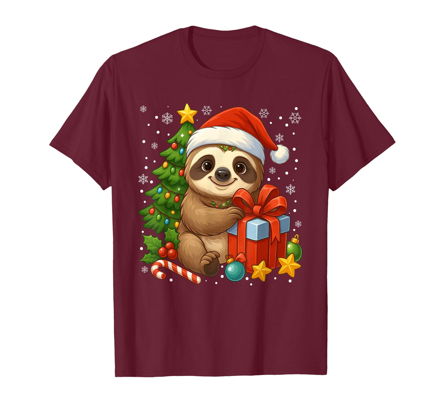 Sloth Santa Hat Christmas Tree Xmas Lights Gift Men Boys Kid T-Shirt