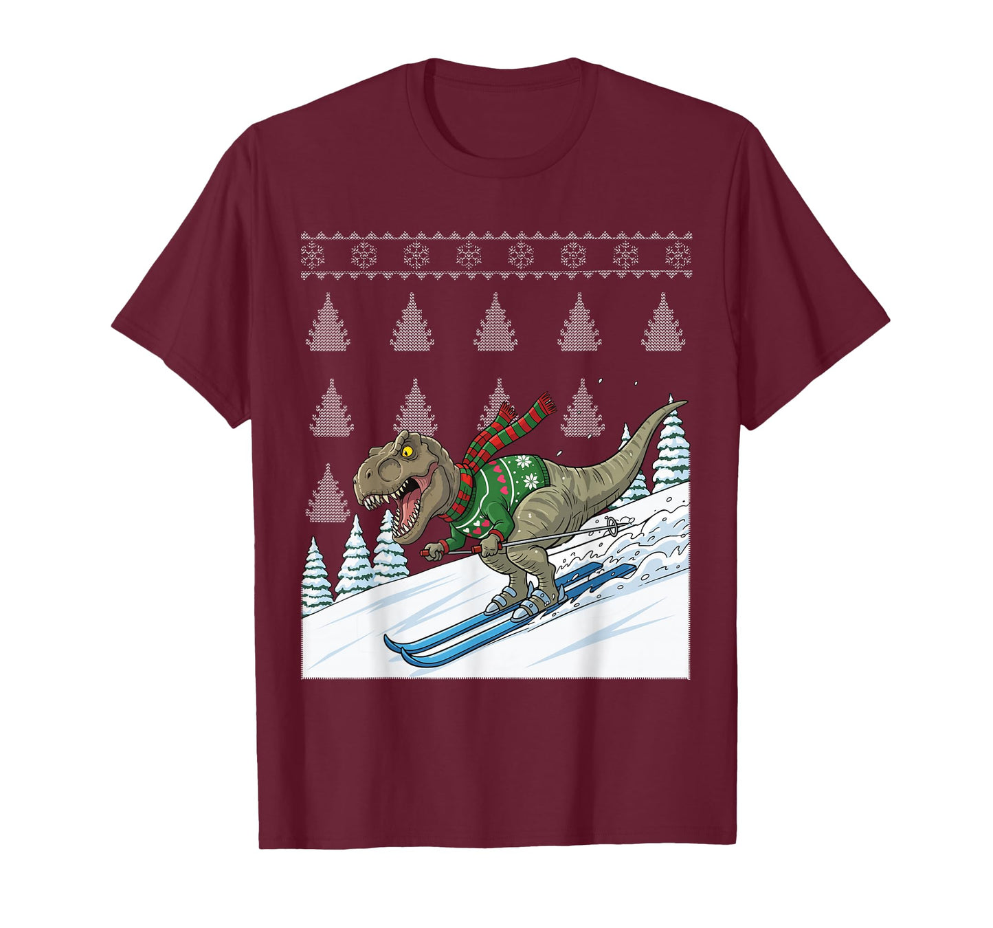 Dinosaur T-Rex Skiing Ski Snow Ugly Christmas T-Shirt