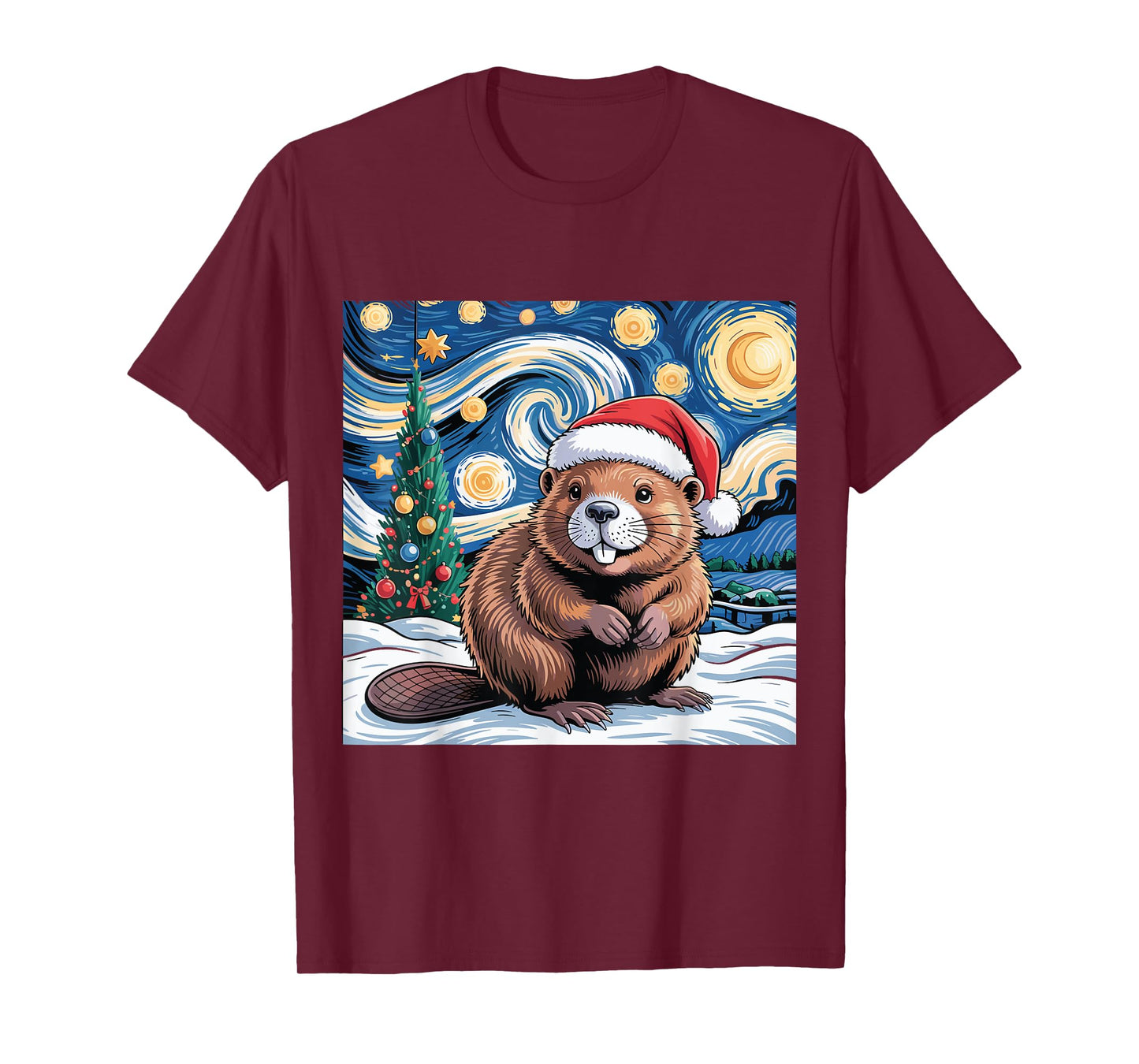 Christmas Beaver Santa Hat Starry Night Winter Tree Holiday T-Shirt