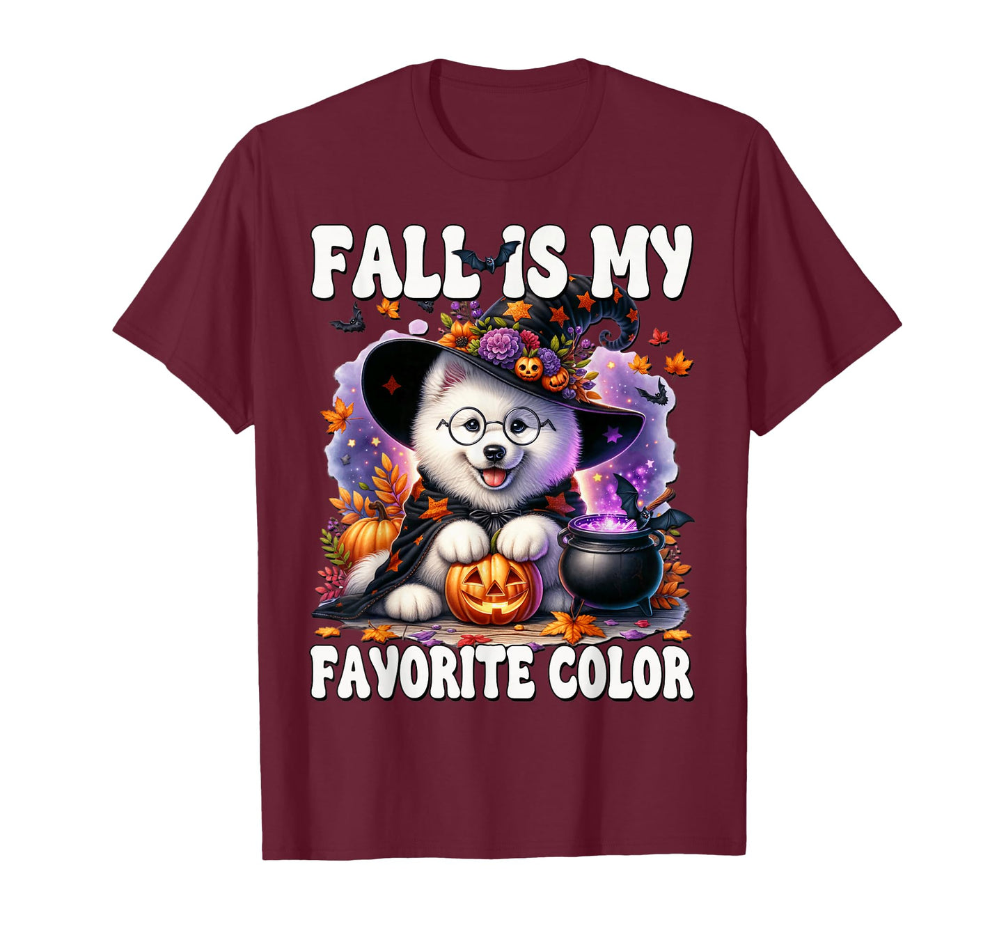 Samoyed Witch Dog Halloween and Fall is My Favorite Color T-Shirt