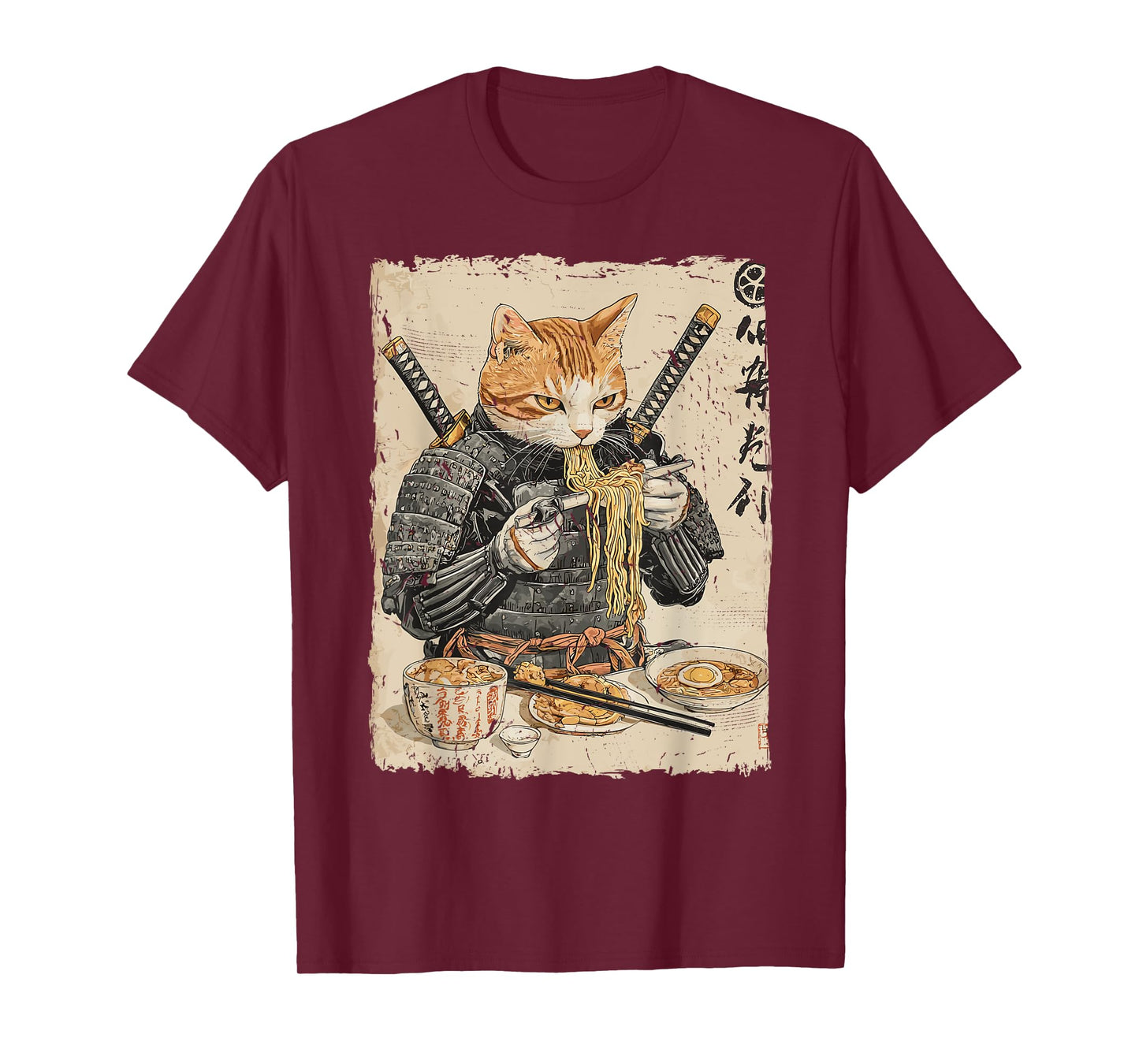 Samurai Cat Loves Ramen Funny Anime Japanese Artwork Samurai T-Shirt