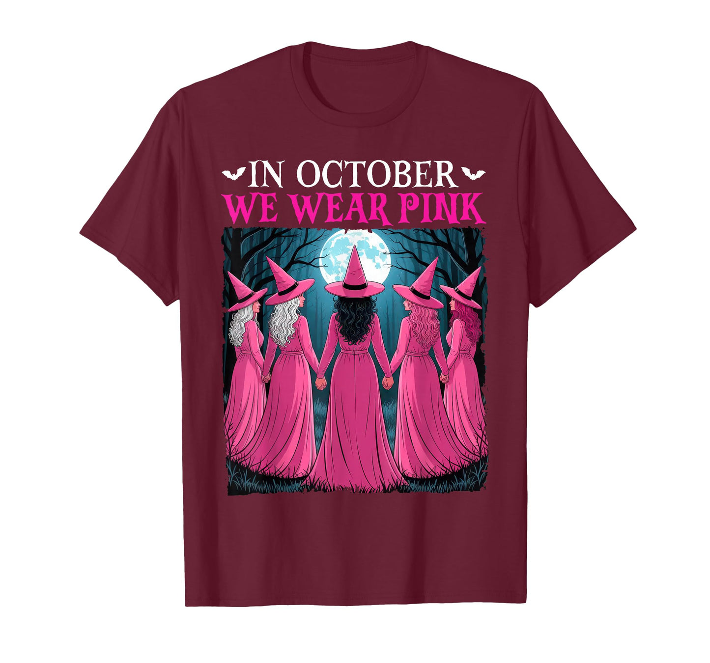 in October We Wear Pink Witch Halloween Breast Cancer Women T-Shirt