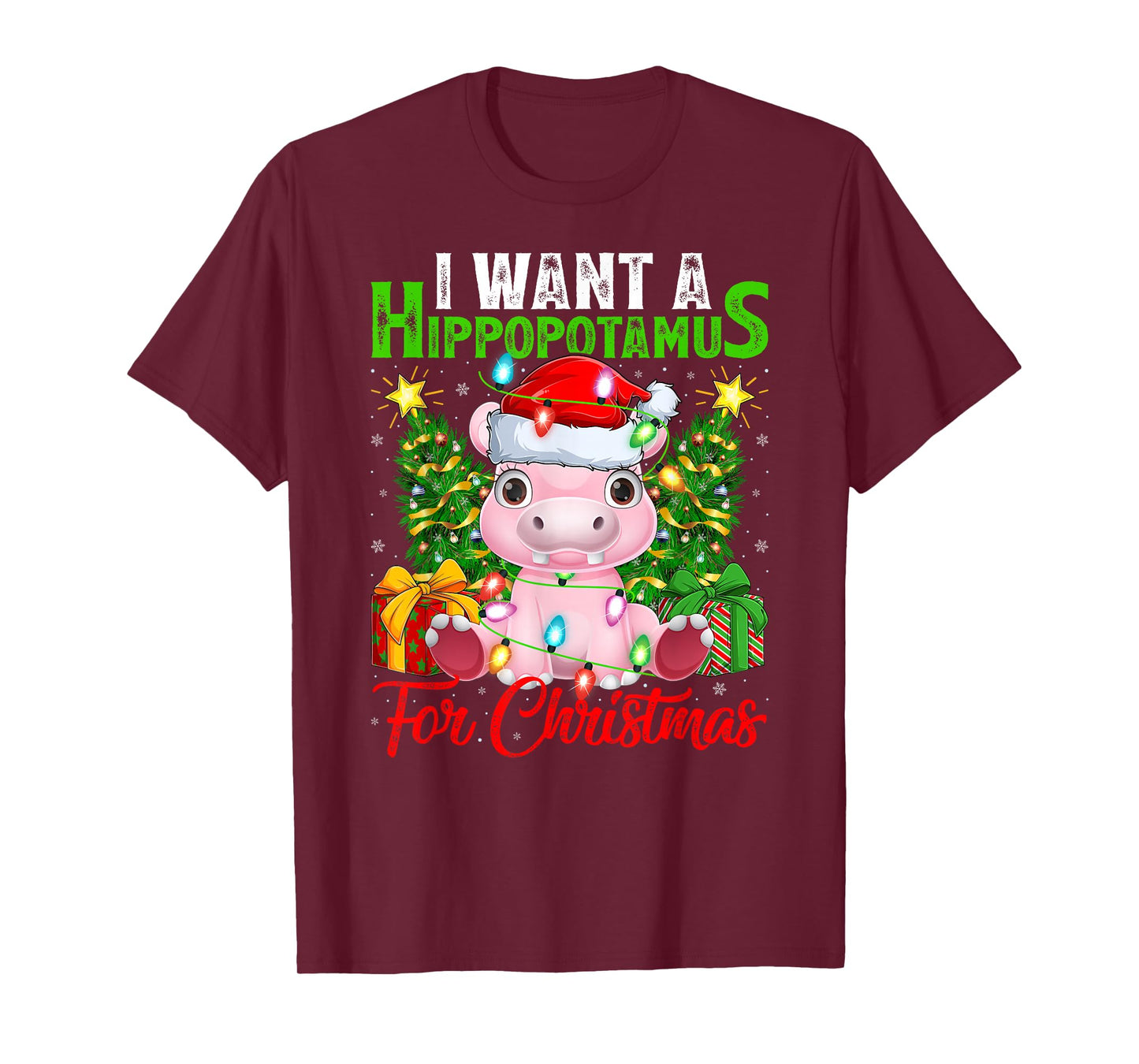 Hippo Xmas Lights Funny I Want A Hippopotamus for Christmas T-Shirt