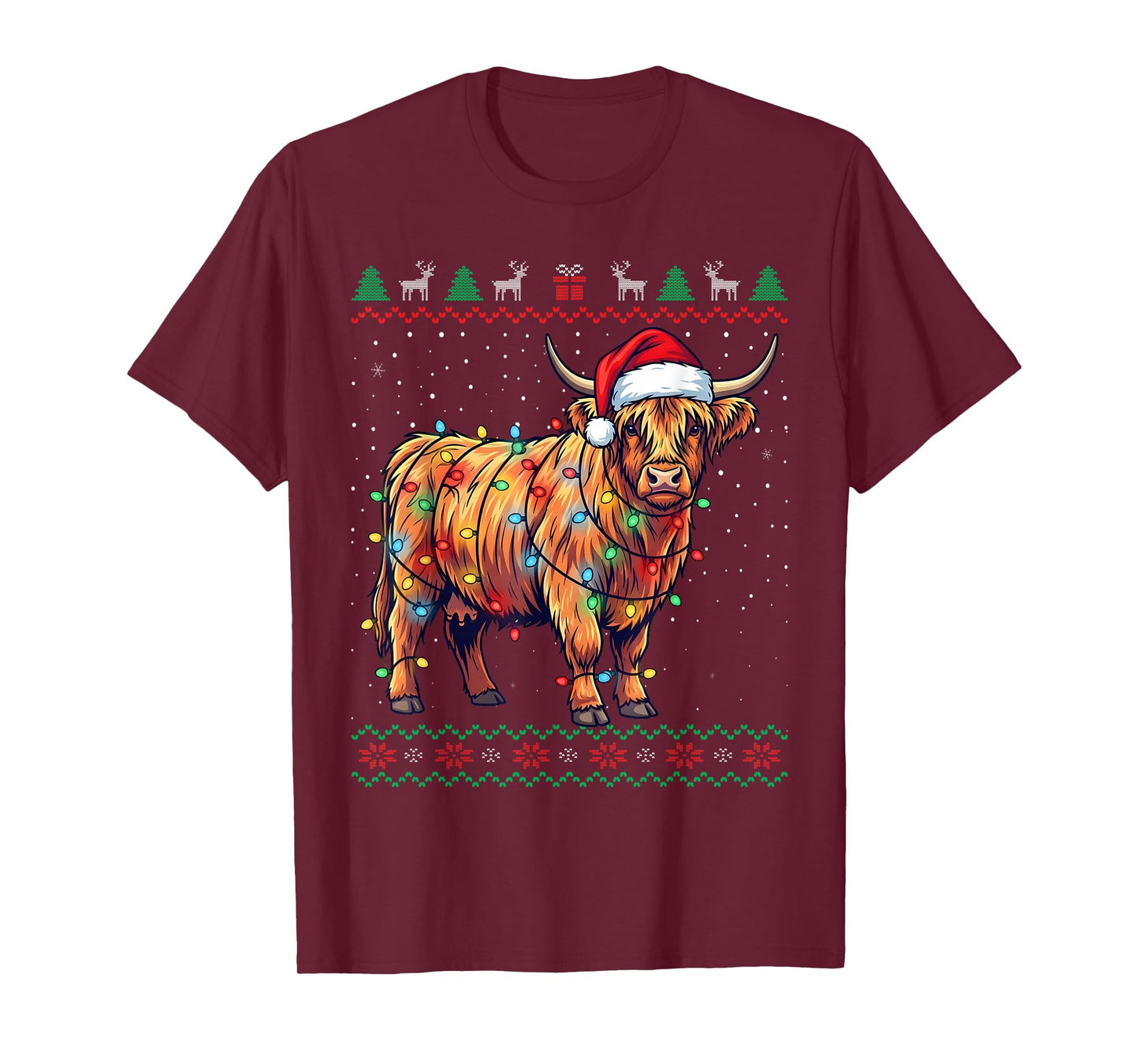 Funny Highland Cow Christmas Lights Santa Hat Holiday T-Shirt