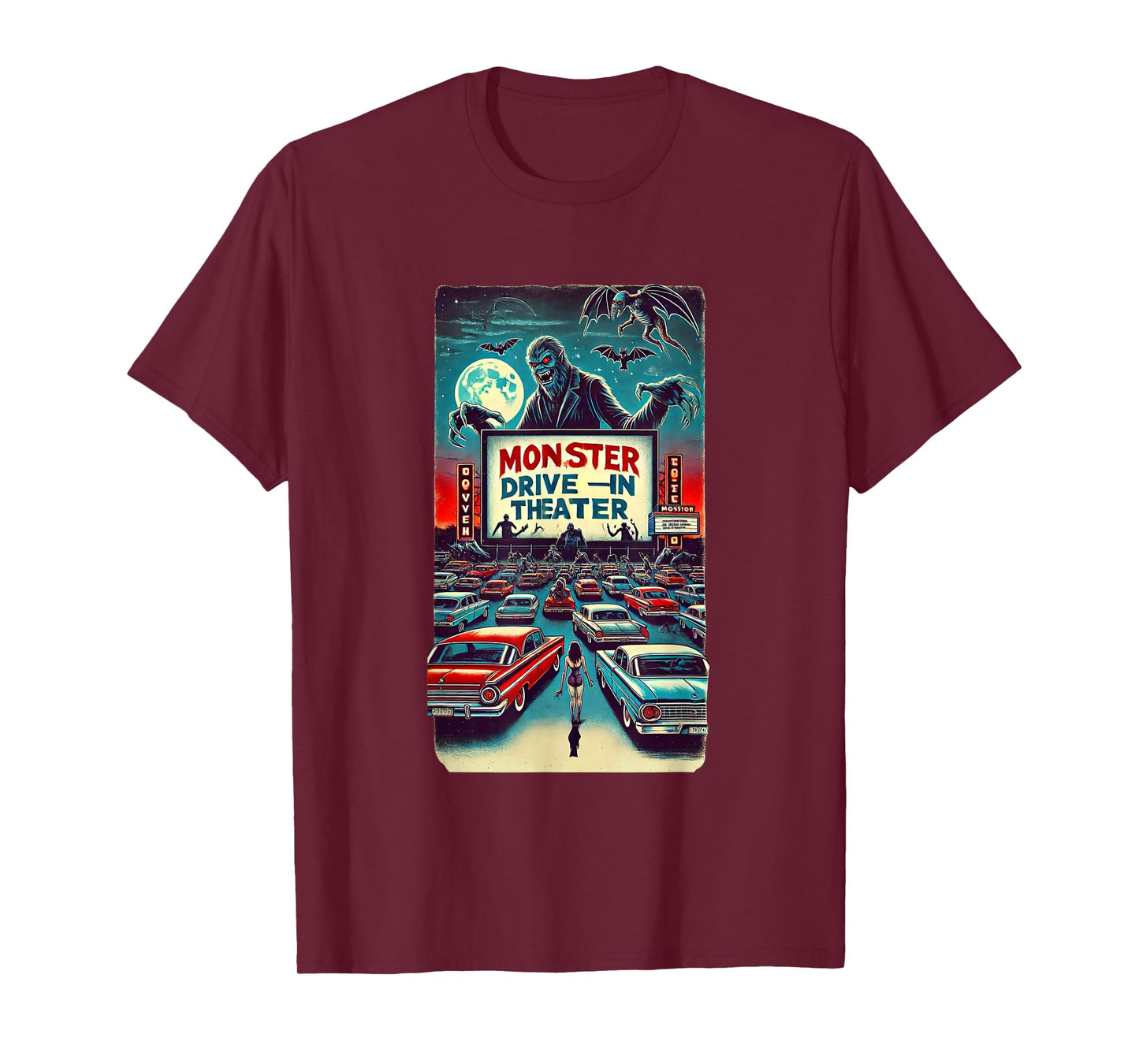 Retro Monster Horror Drive-In Halloween Design T-Shirt