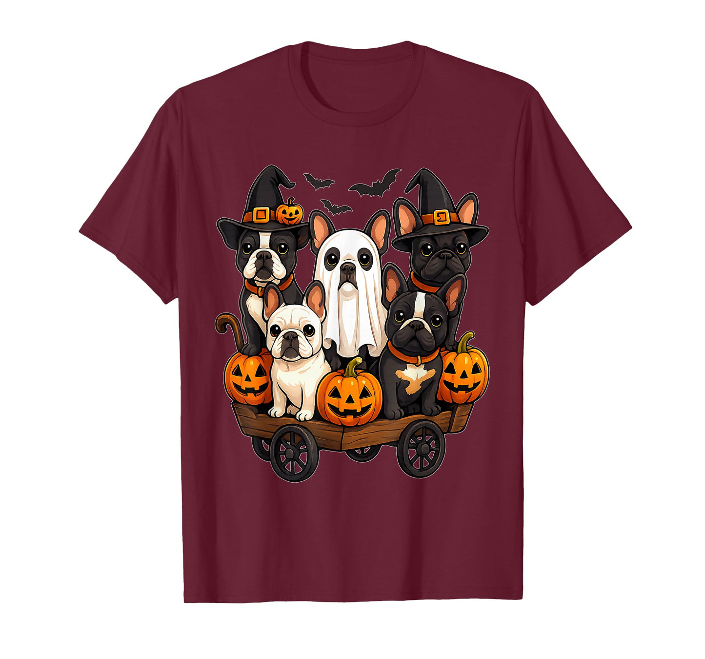Halloween Bulldog Dogs Ghost Witch Pumpkins Wooden Wagon T-Shirt