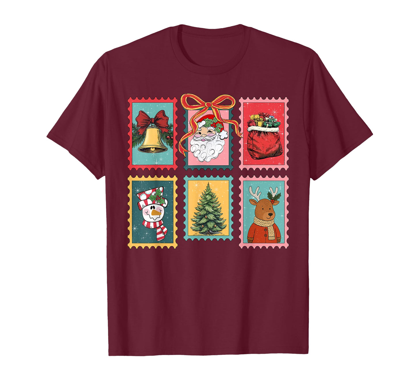 Retro Funny Coquette Bow Christmas Stamps Santa Xmas Holiday T-Shirt