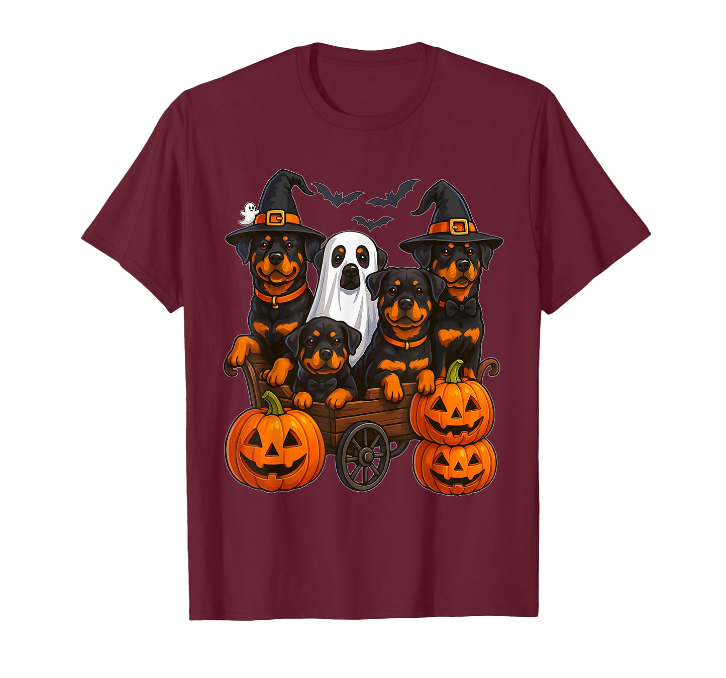 Halloween Rottweiler Dogs Ghost Witch Pumpkins Wooden Wagon T-Shirt