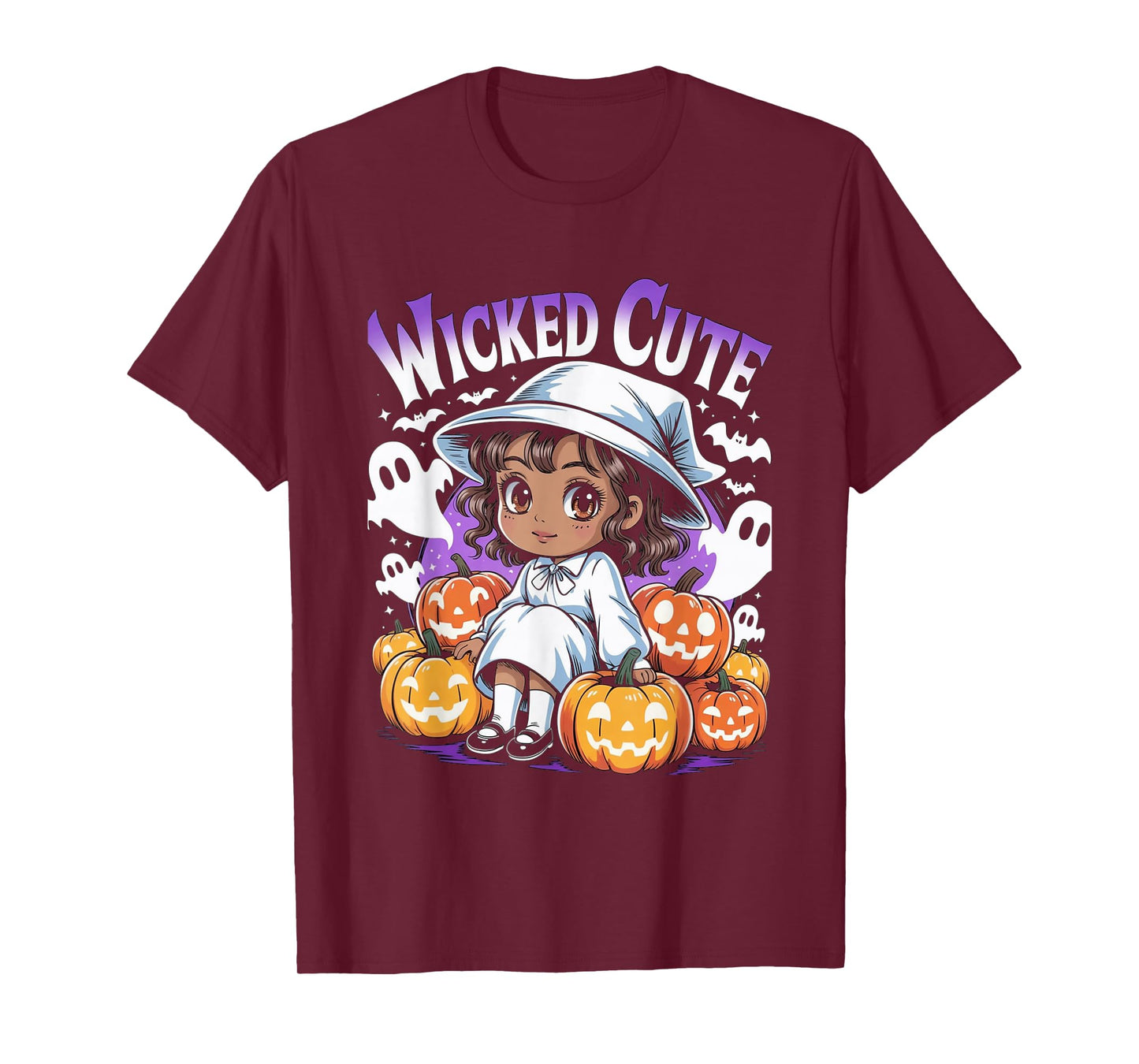 Halloween Anime Black Witch Melanin Cute Pumpkin Ghost Girls T-Shirt