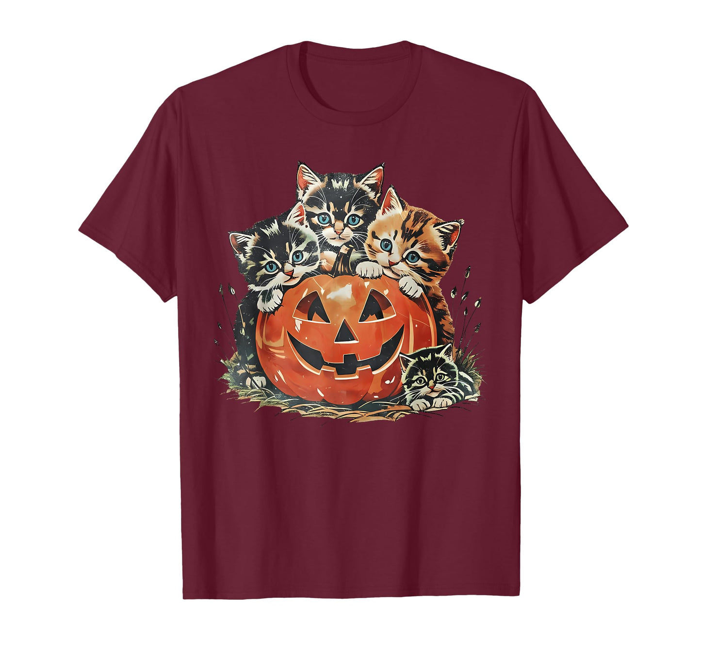 Vintage 90s Cat Pumpkin Halloween Retro Floral Spooky Season T-Shirt