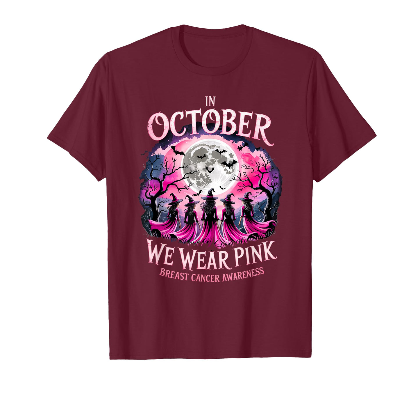 in October We Wear Pink Retro Witch Breast Cancer Awareness T-Shirt