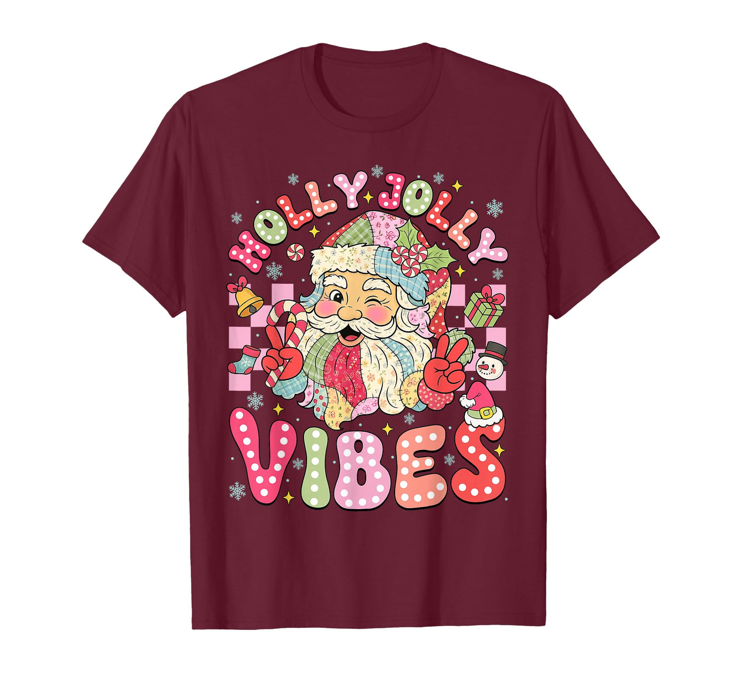 Patchwork Cute Santa Claus Christmas Vibes Xmas Women Girls T-Shirt