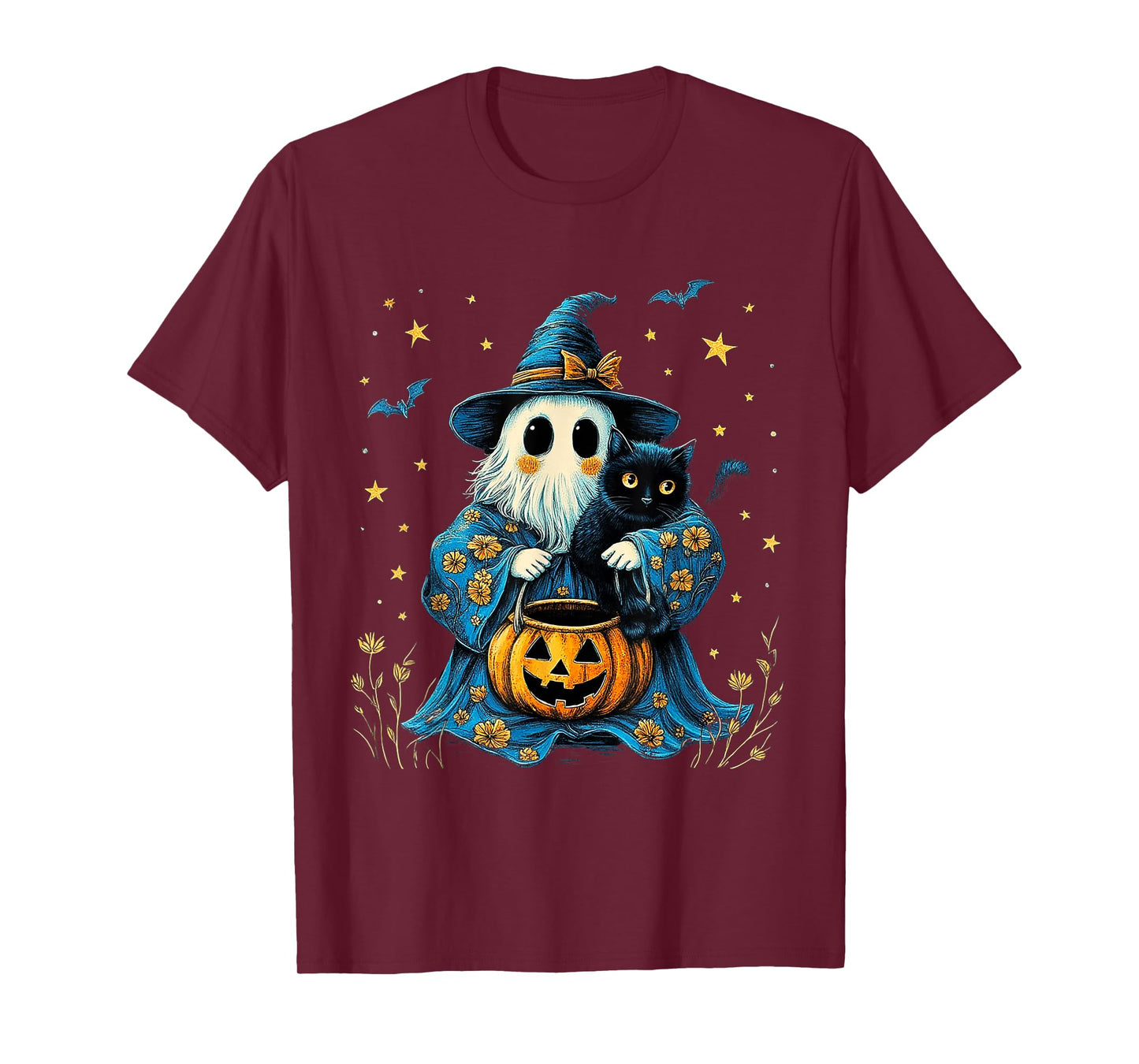 Ghost Holding Black Cat Lover Halloween 2025 Groovy Floral T-Shirt